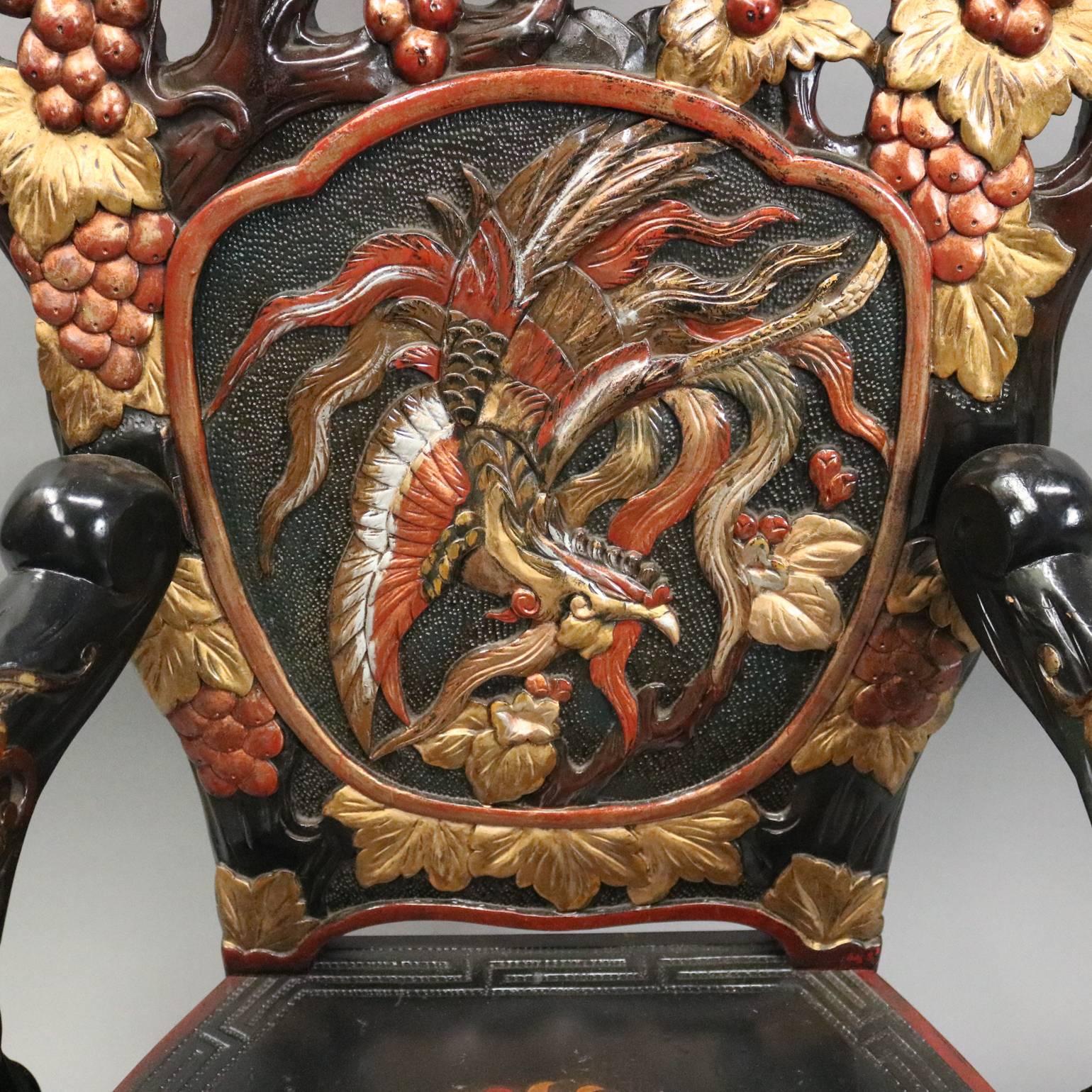 Chinese Heavily Carved Polychrome Throne Chair, Phoenix & Dragon, circa 1960 In Good Condition In Big Flats, NY