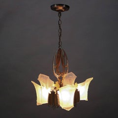 Antique Art Deco Slip Shade Five-Light Chandelier, Crown and Shield, circa 1920