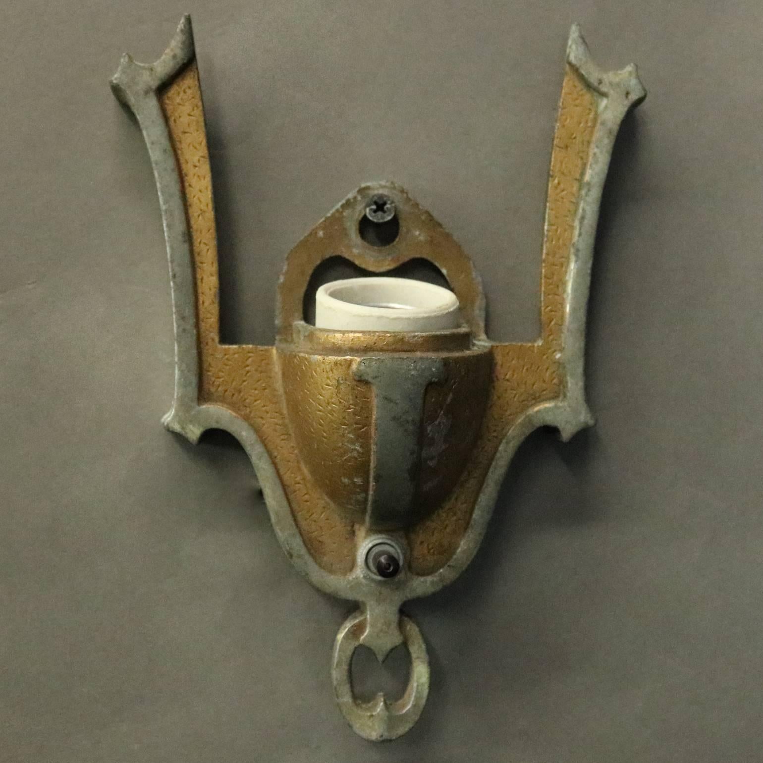 Cast Pair of Antique Art Deco Slip Shade Sconces, Crown and Shield, circa 1920