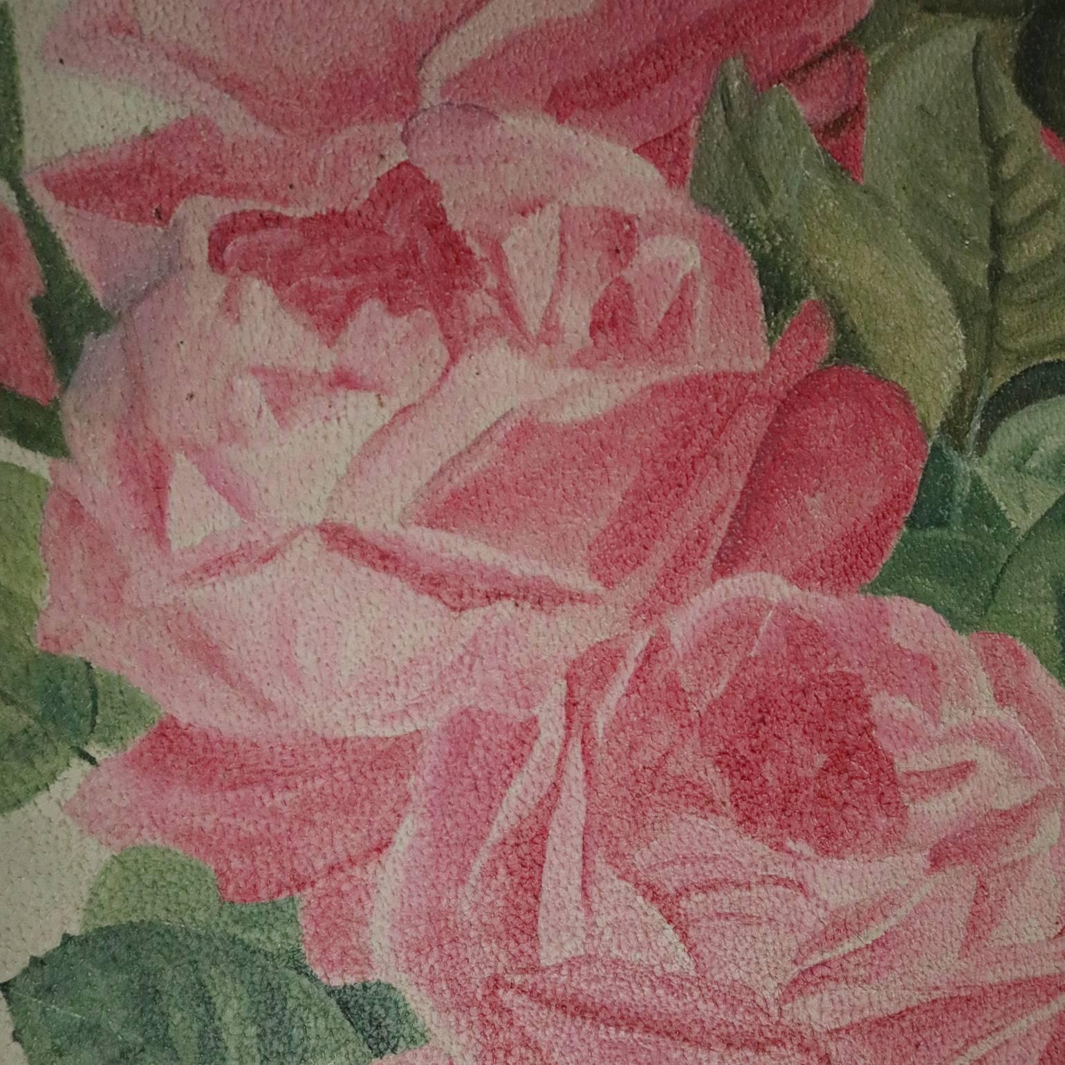 Antique French floral yard long oil on board still life depicts long stemmed pink roses, seated in giltwood frame, circa 1900

Companion yellow rose yard long listed separately

Measures: 28.5" H x 14.5" W x 1.5" D framed;