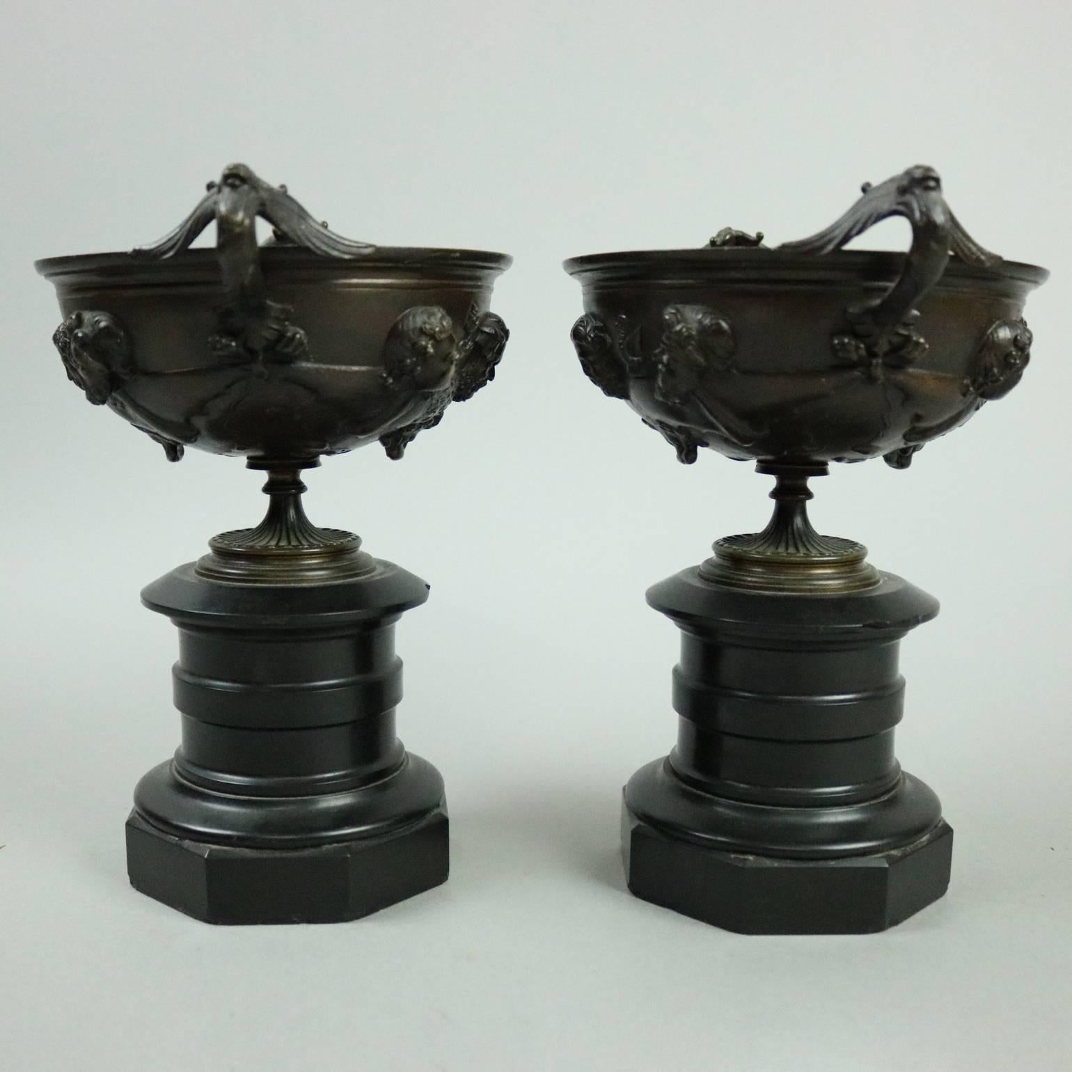 Cast Antique French Neoclassical Bronze and Marble Figural Urn Compotes, circa 1880