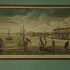 Set of Three French Hand Tinted Etchings "Maritime, Palace and Courtyard Scenes"