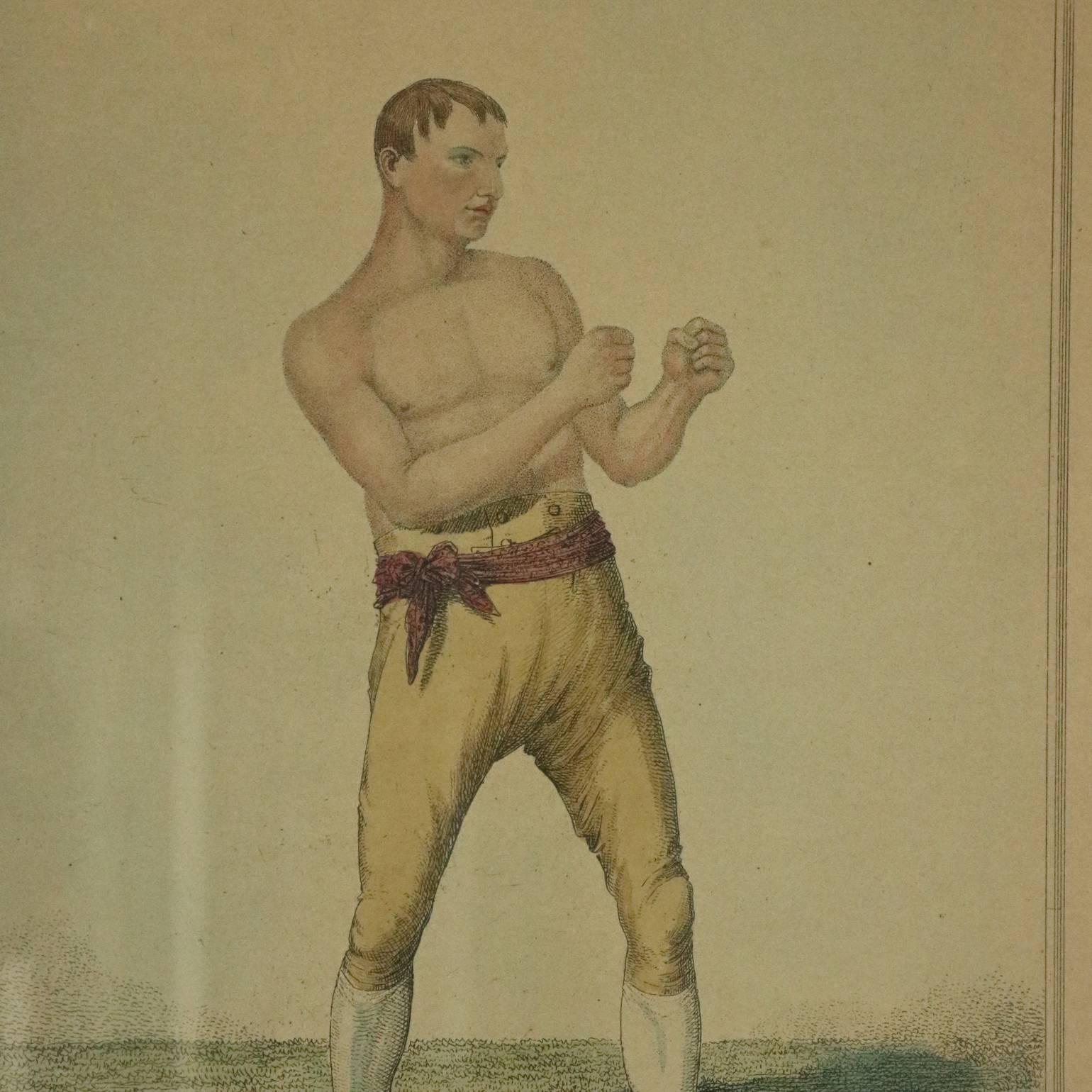 Antiquarian hand tinted English Regency portrait etching print of boxer Richard Curtis, profile statistics below portrait, circa 1840

Measures: 25" H x 19" W x .75" D framed; 16.25" H x 11" W.