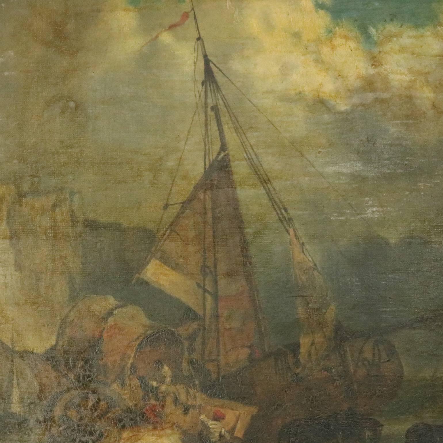 European Continental School Oil on Canvas, Moorish Seascape and Beached Ship, circa 1874