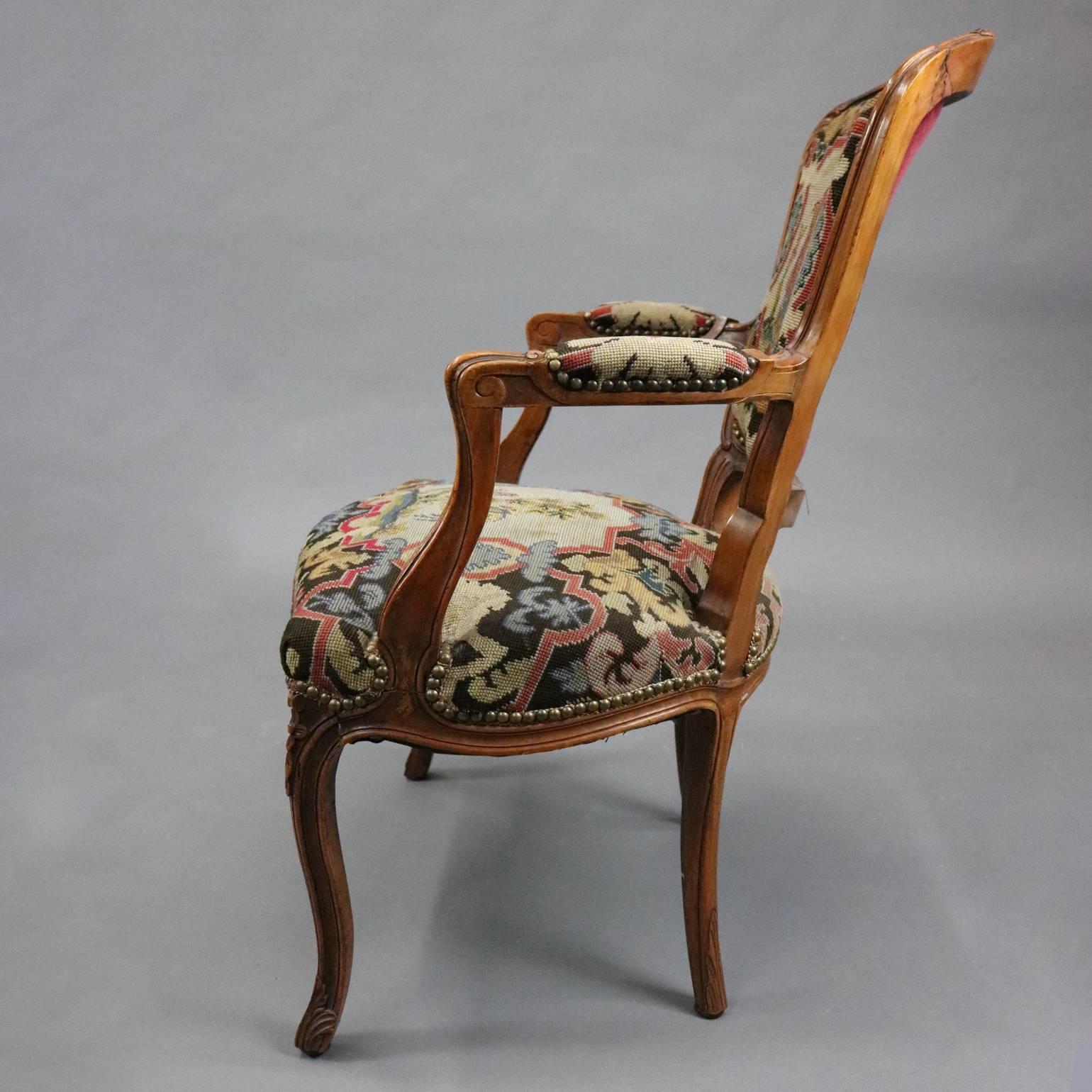 20th Century Vintage French, Louis XV Classical Style Fruitwood & Tapestry Fauteuil, Armchair