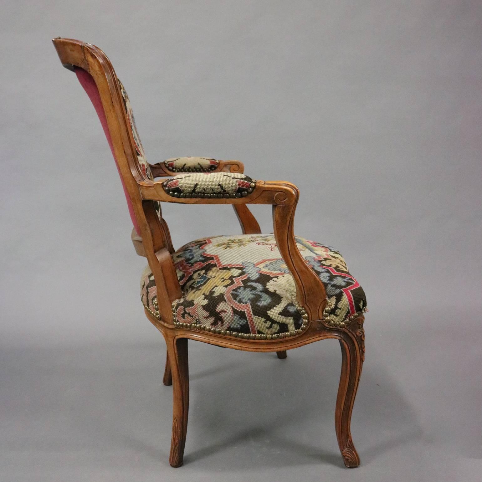 Carved Vintage French, Louis XV Classical Style Fruitwood & Tapestry Fauteuil, Armchair