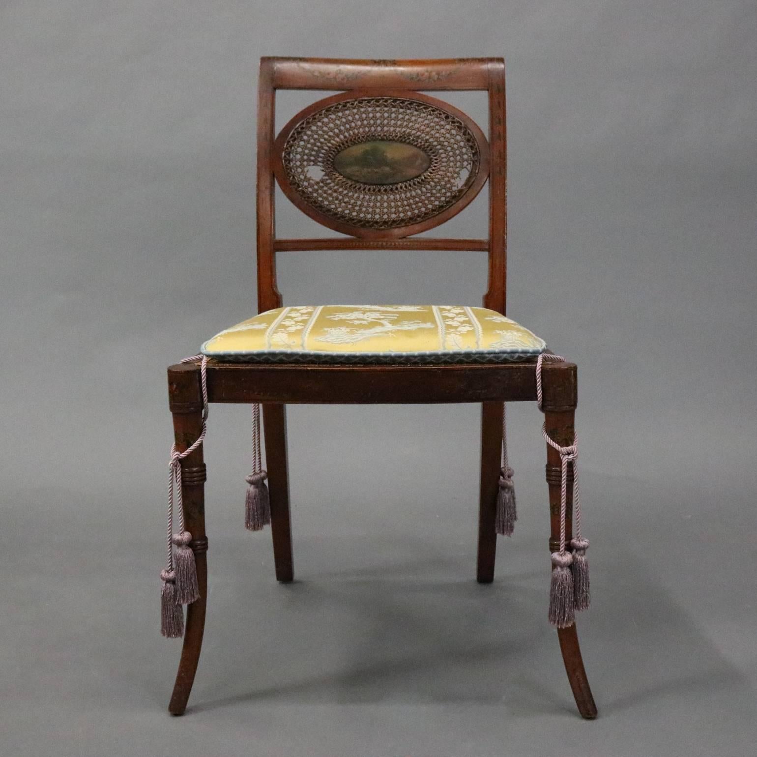 Antique English Regency Hand-Painted and Caned Mahogany Side Chair, circa 1890 In Good Condition In Big Flats, NY