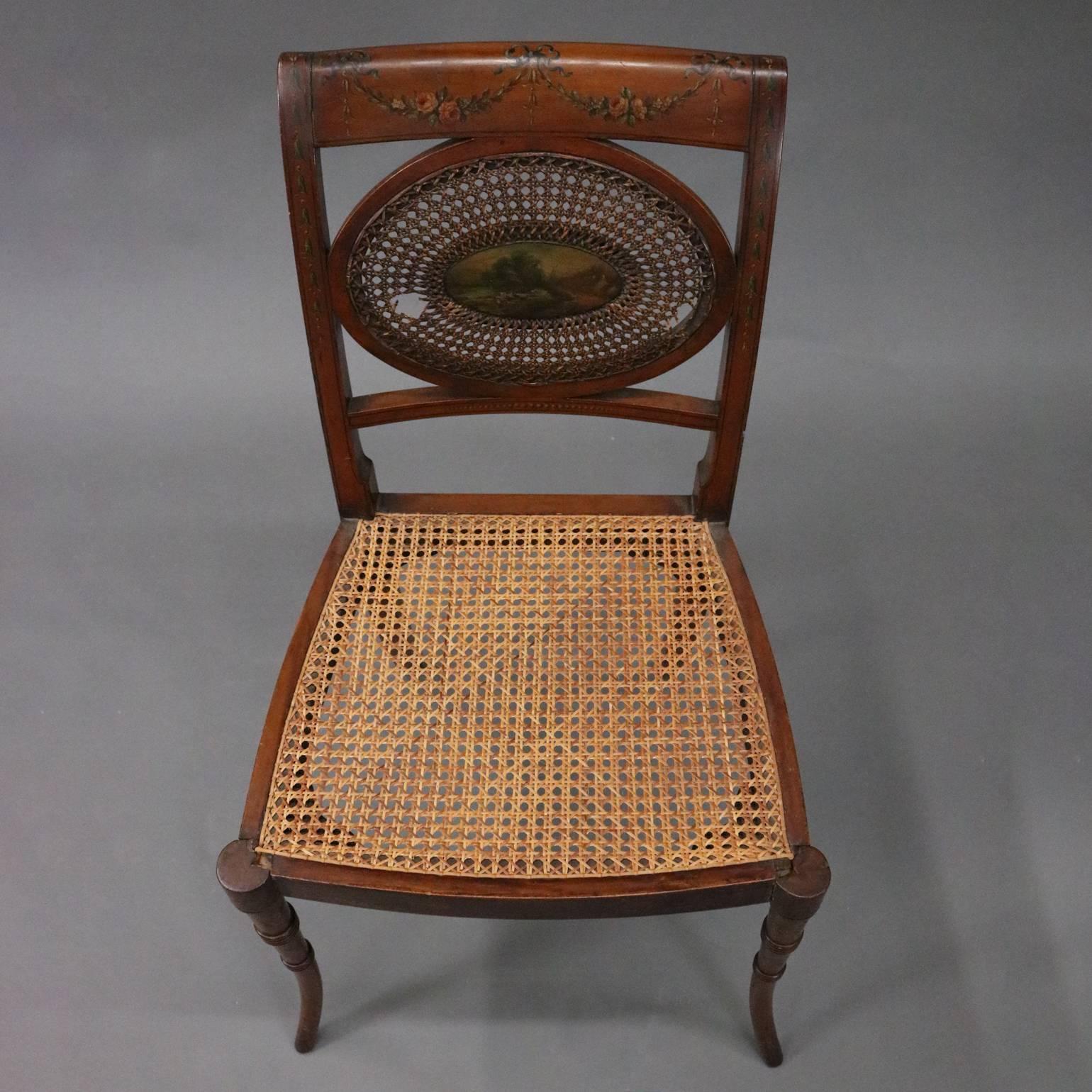 Antique English Regency Hand-Painted and Caned Mahogany Side Chair, circa 1890 (20. Jahrhundert)