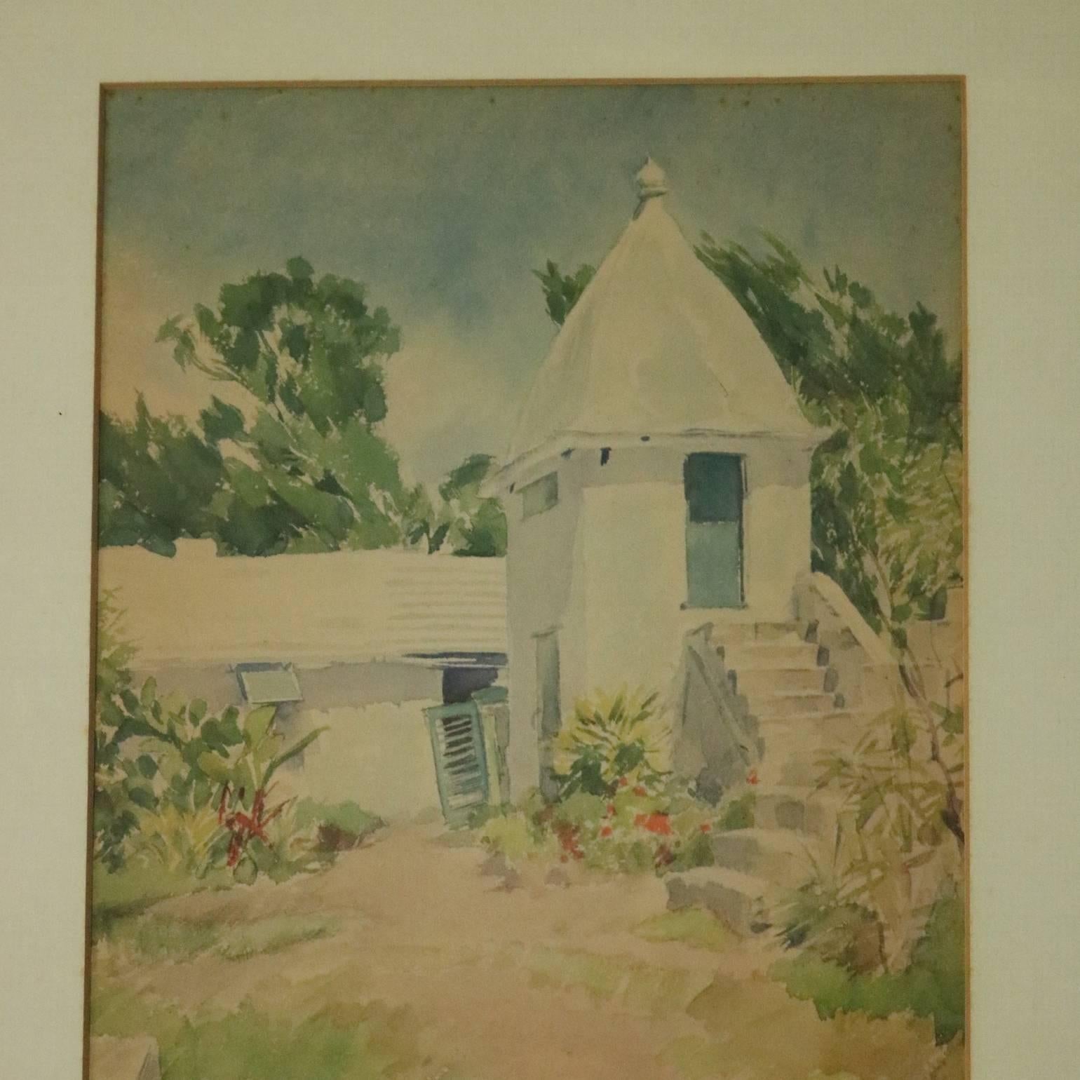Set of three vintage prints of watercolor paintings by Adolph Treidler (American, 1886-1981) depicting coastal scenes of Bermuda; "Rocks Near Bailey's Bay, "Queen Street, St. George's", and "Old Buttery at Somerset", 20th