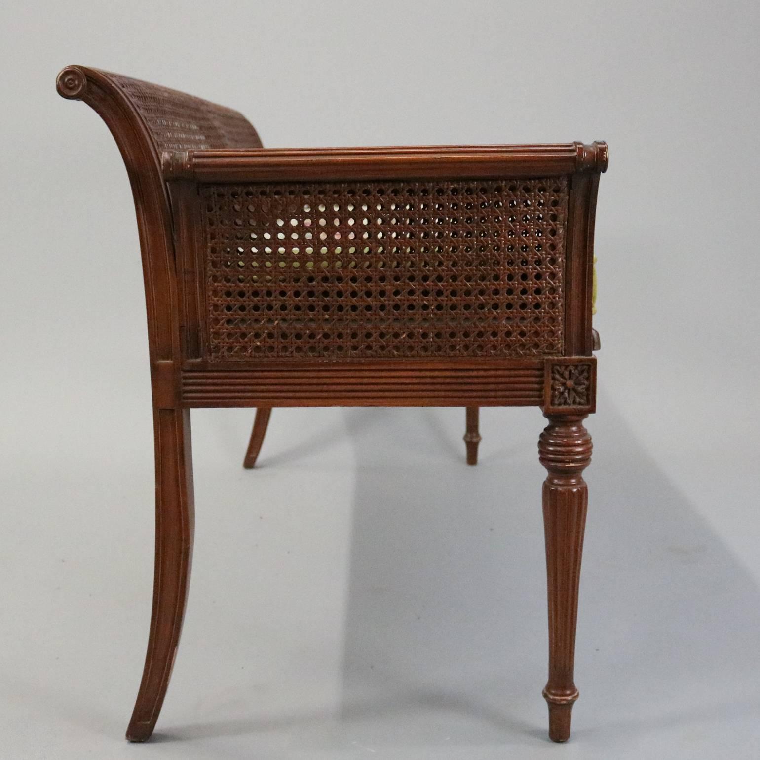 Neoclassical Antique French Classical Carved Mahogany Caned Bench, circa 1840