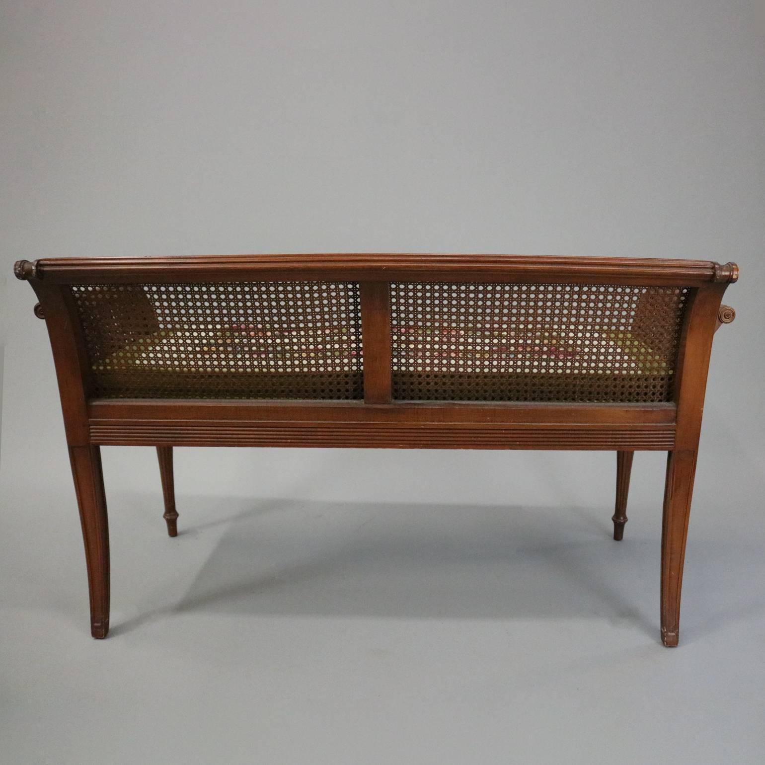European Antique French Classical Carved Mahogany Caned Bench, circa 1840