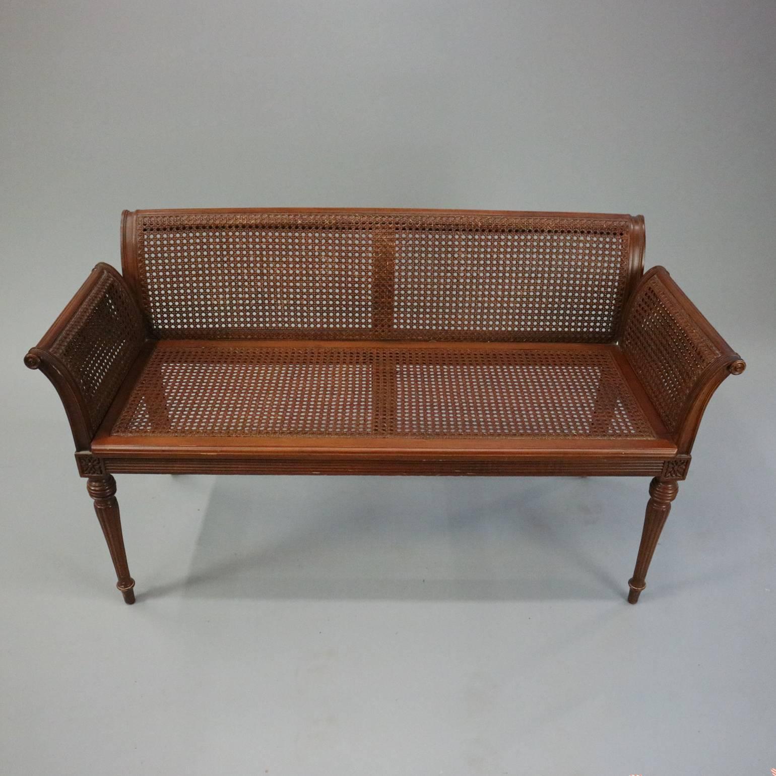 19th Century Antique French Classical Carved Mahogany Caned Bench, circa 1840