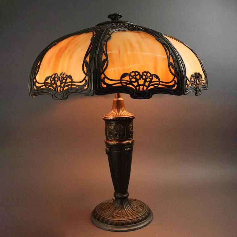 Antique Art Nouveau Foliate Filigree EightPanel Shade Slag Glass Lamp
