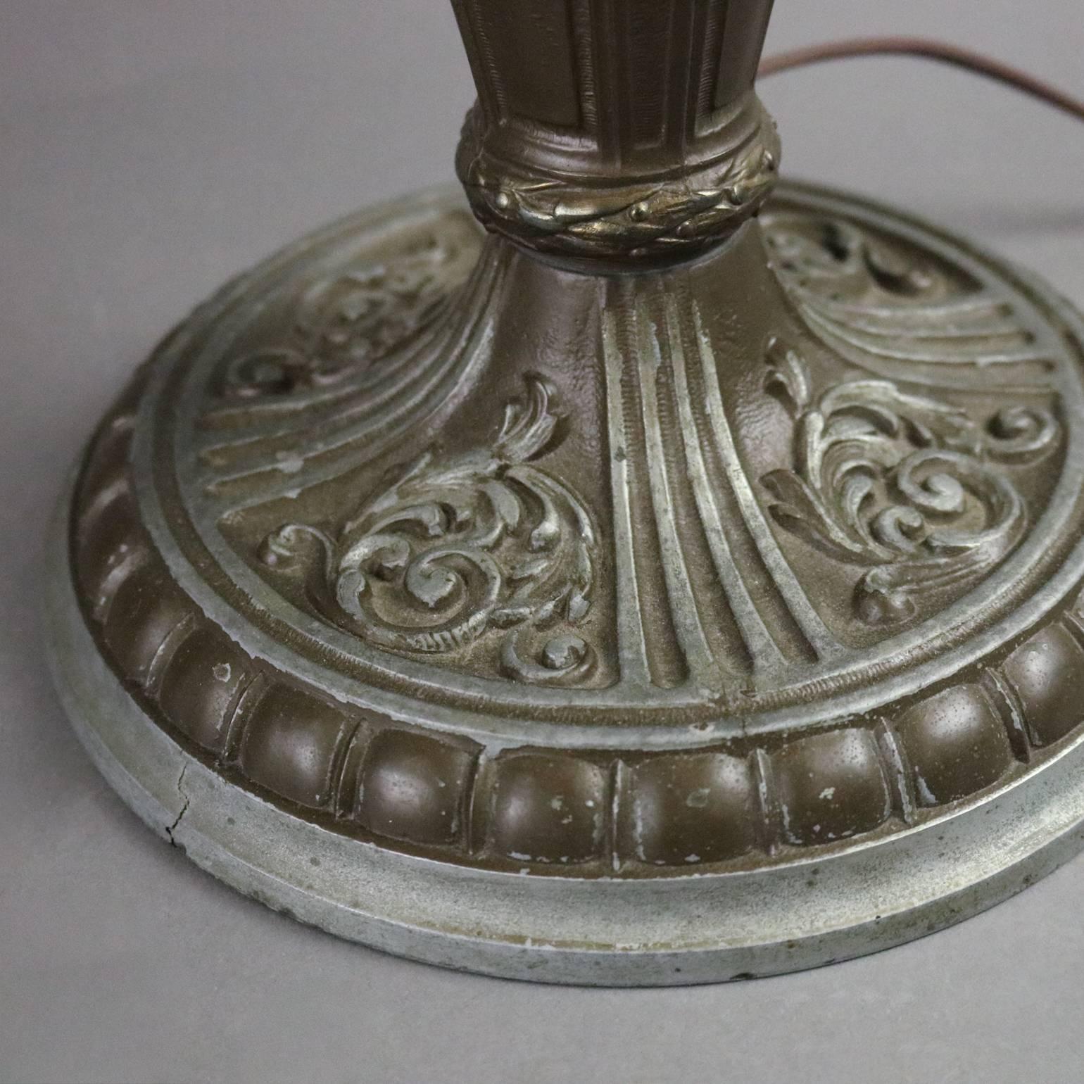 20th Century Antique Art Nouveau Foliate Filigree Eight-Panel Shade Slag Glass Lamp