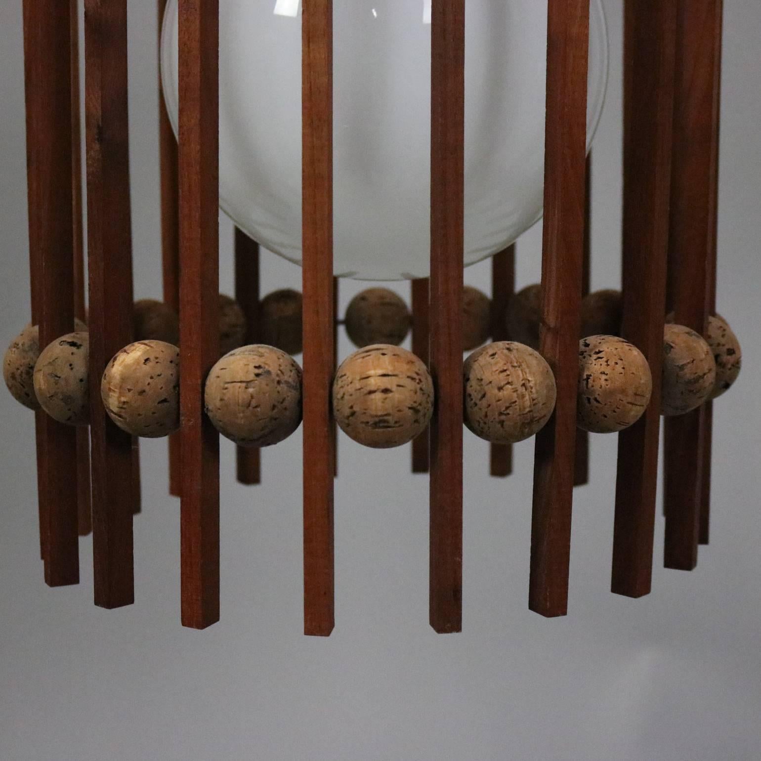 20th Century Mid-Century Modern Teak and Cork Ball and Slat Cylinder Pendant Light