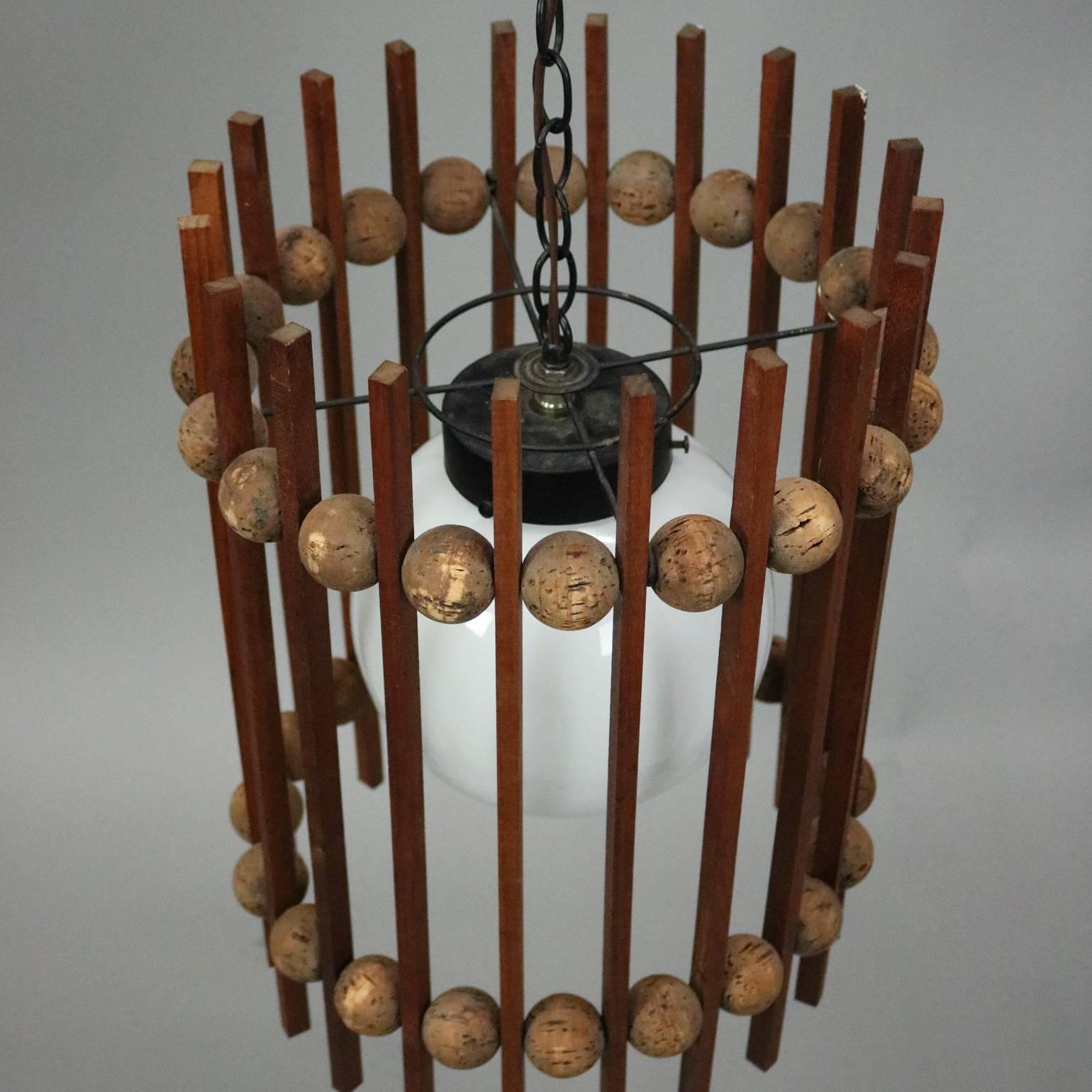 American Mid-Century Modern Teak and Cork Ball and Slat Cylinder Pendant Light
