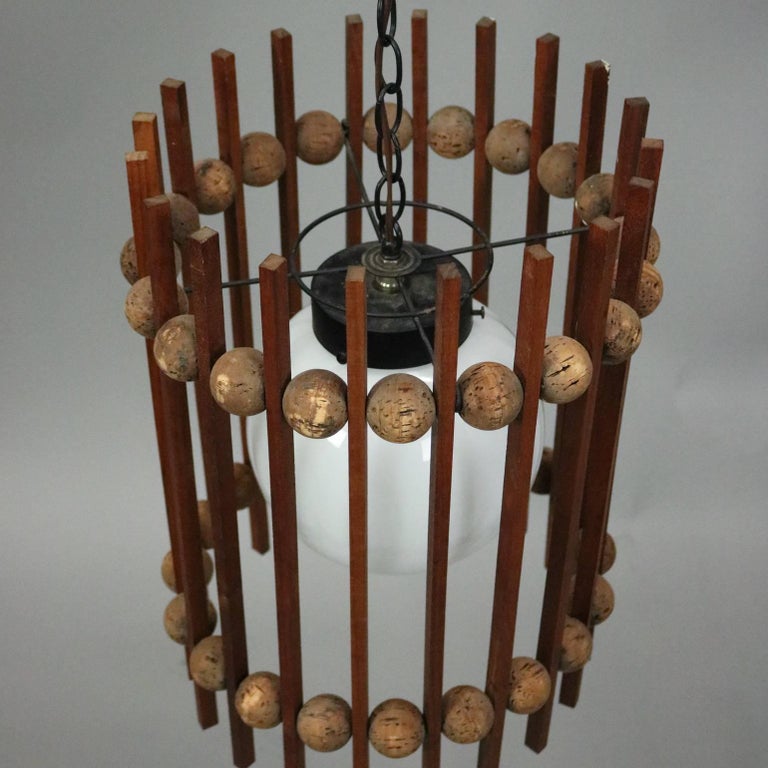 MidCentury Modern Teak and Cork Ball and Slat Cylinder Pendant Light