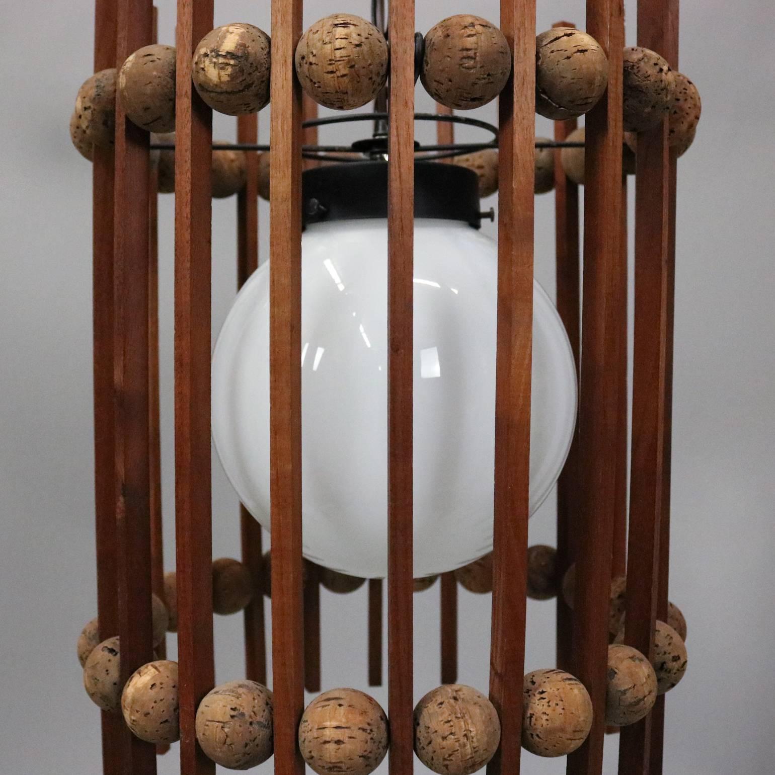 Mid-Century Modern Teak and Cork Ball and Slat Cylinder Pendant Light In Good Condition In Big Flats, NY