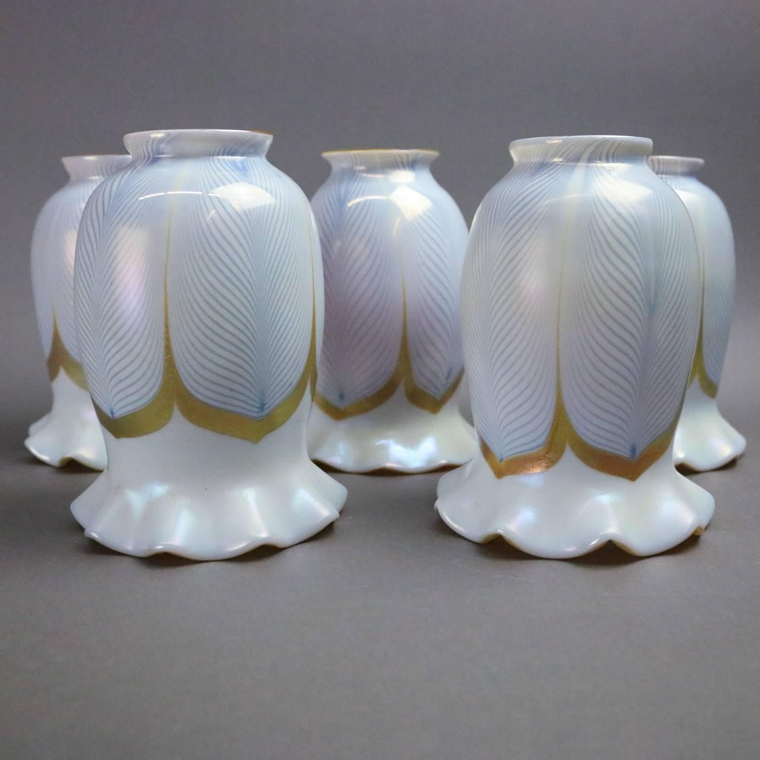 Five Steuben Art Nouveau Glass Gold Aurene and Calcite Pulled Feather Shades In Good Condition In Big Flats, NY
