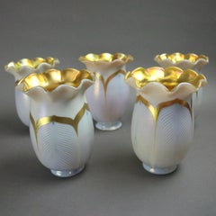 Five Steuben Art Nouveau Glass Gold Aurene and Calcite Pulled Feather Shades