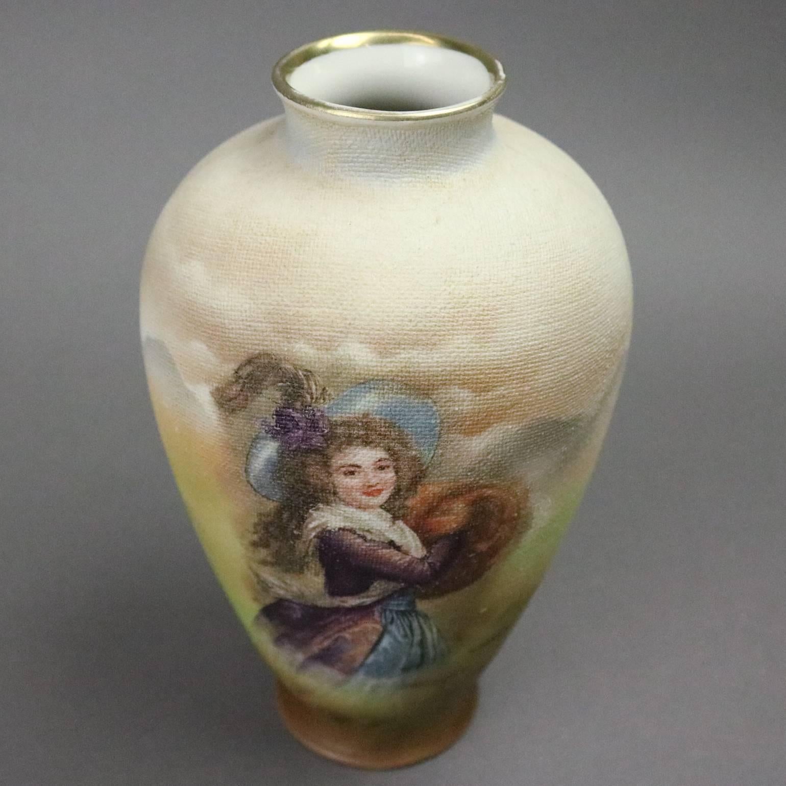 Antique German Royal Bayreuth Bavaria tapestry porcelain vase features hand-painted portrait of young woman, gilded vase mouth, maker's mark on base, circa 1820

Measures: 7" height x 4" diameter.