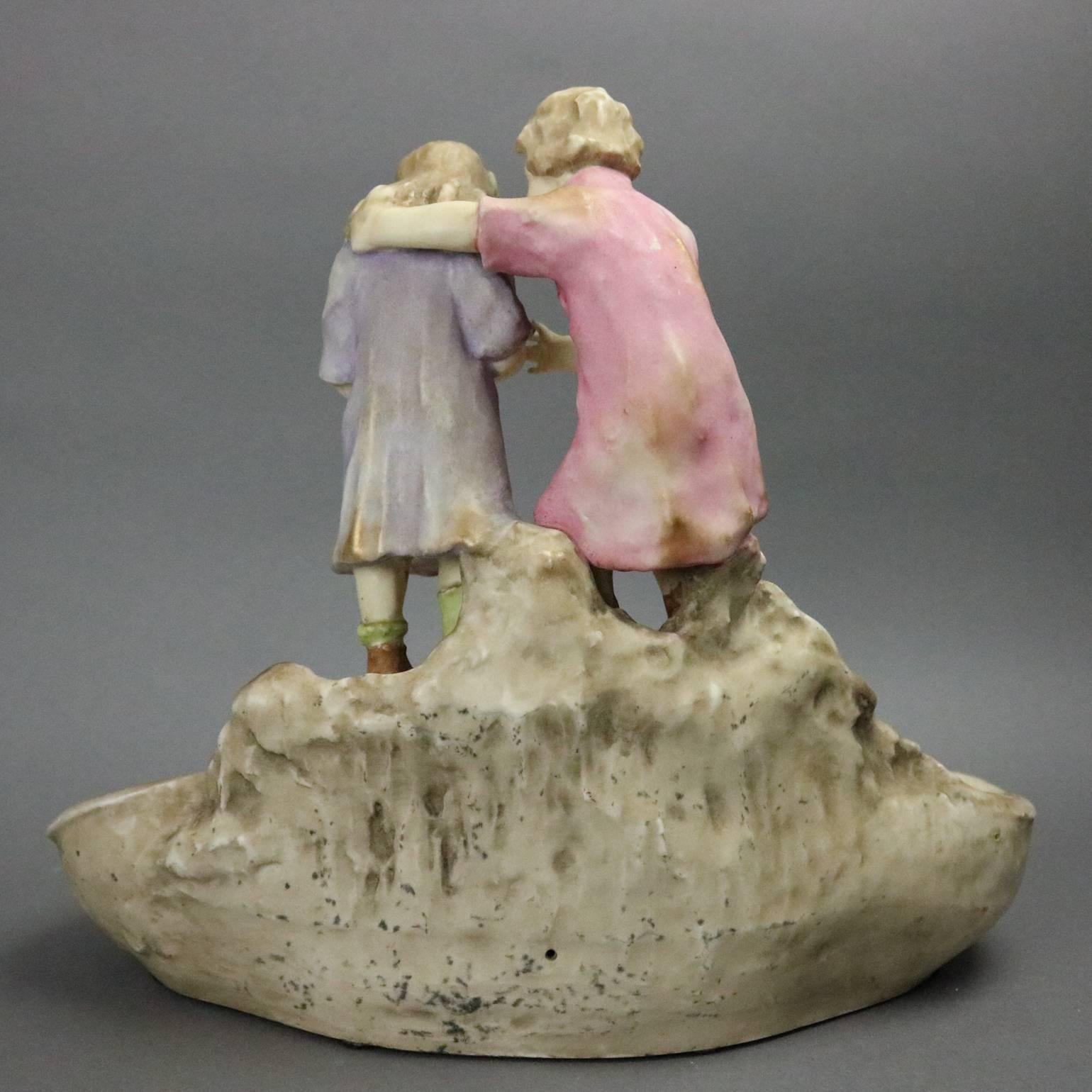 Antique Austrian Figural Amphora Teplitz Pottery Compote, Children with Bunny In Good Condition In Big Flats, NY
