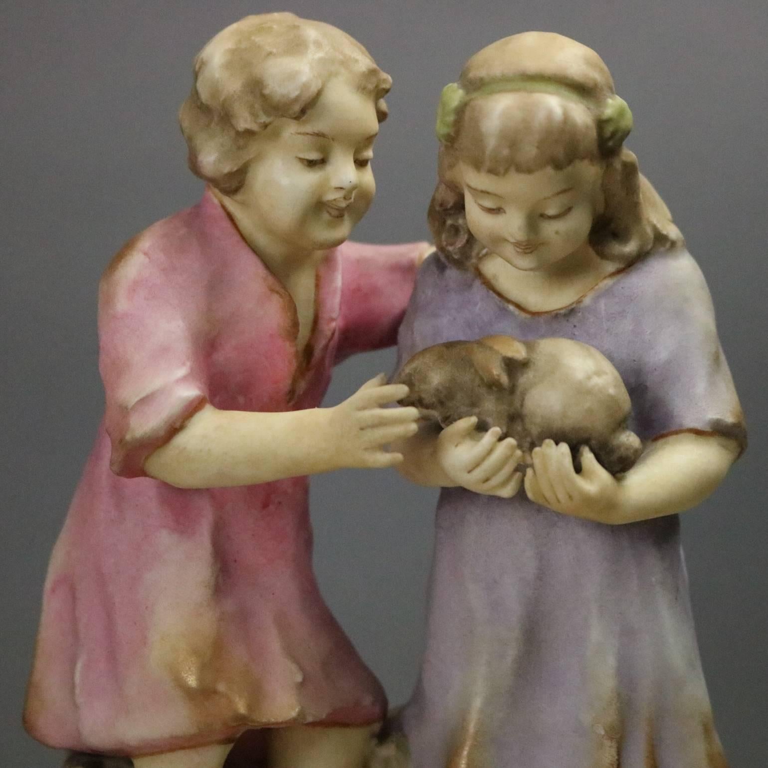 Antique Austrian Figural Amphora Teplitz Pottery Compote, Children with Bunny 1