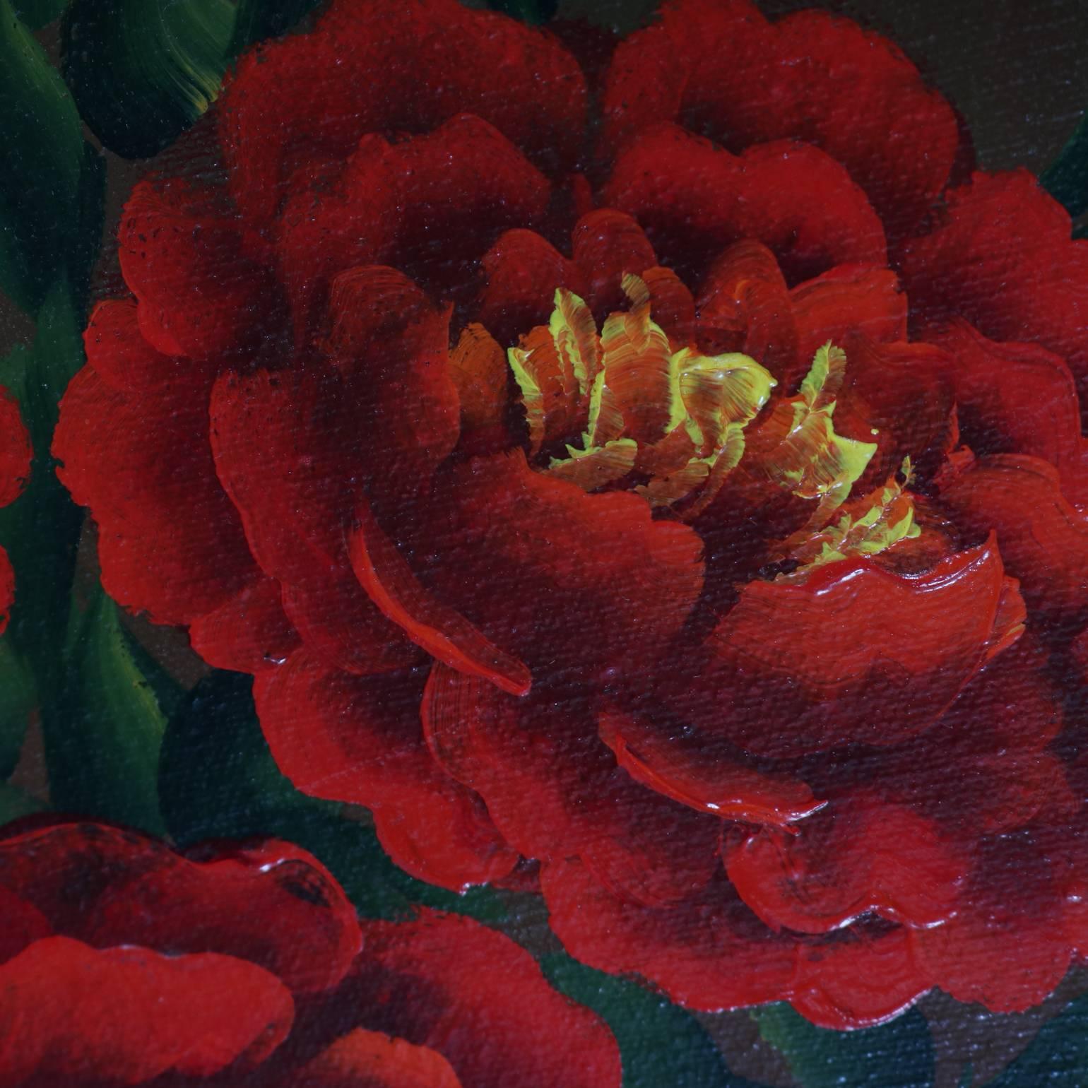 Monumental vintage oil on canvas floral still life painting of red rose bouquet, artist signed Cetron, seated in hand made gold leaf Belgian frame, en verso COA (Certificate of Authenticity), 20th century

Measures: 42.5" H x 30.5" W x
