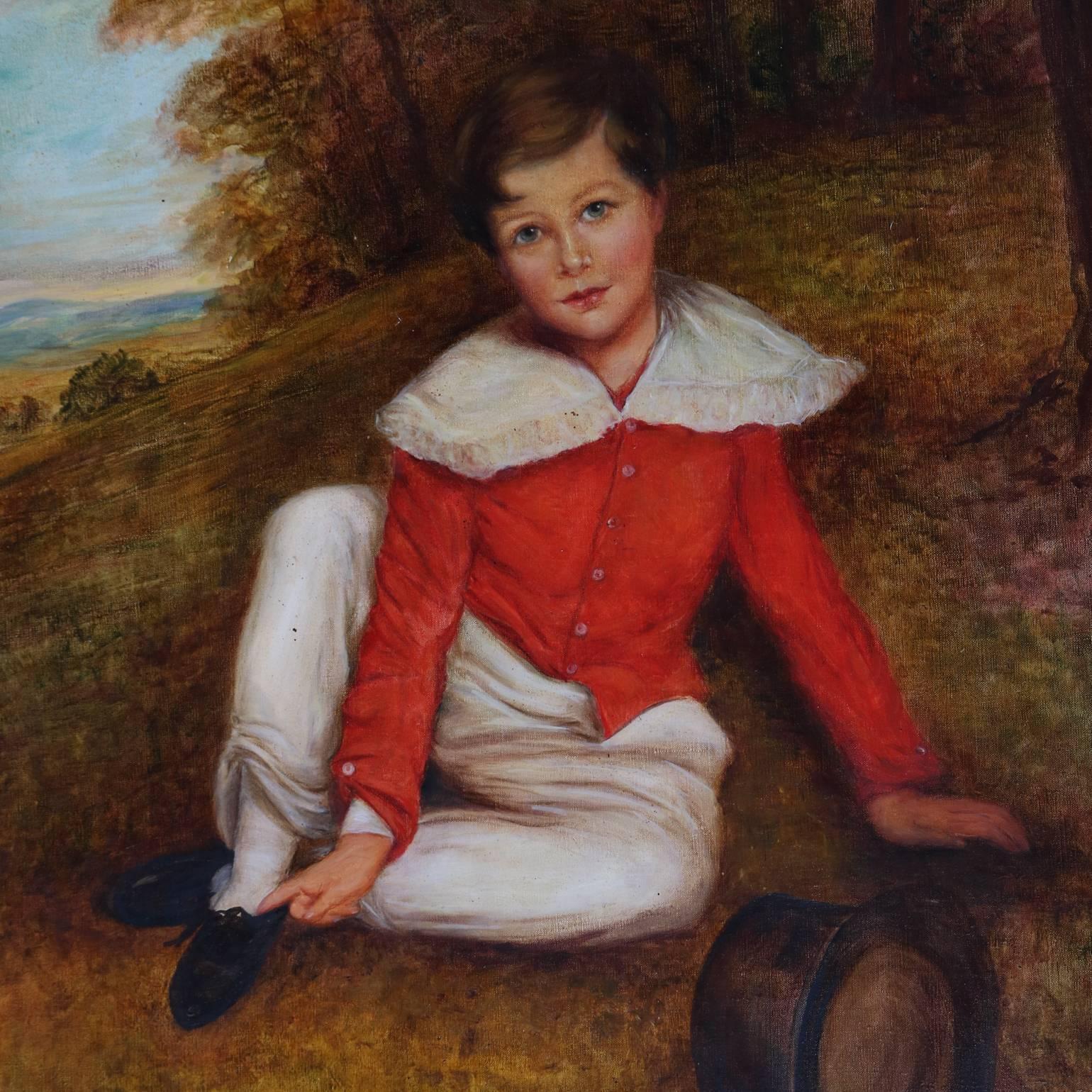 Vintage and large oil on canvas painting of seated child signed Toni Trevari, seated in gold gilt surround, 20th century

Measures: 40" H x 34" W x 3" D framed; 30" H x 24.5" W sight.