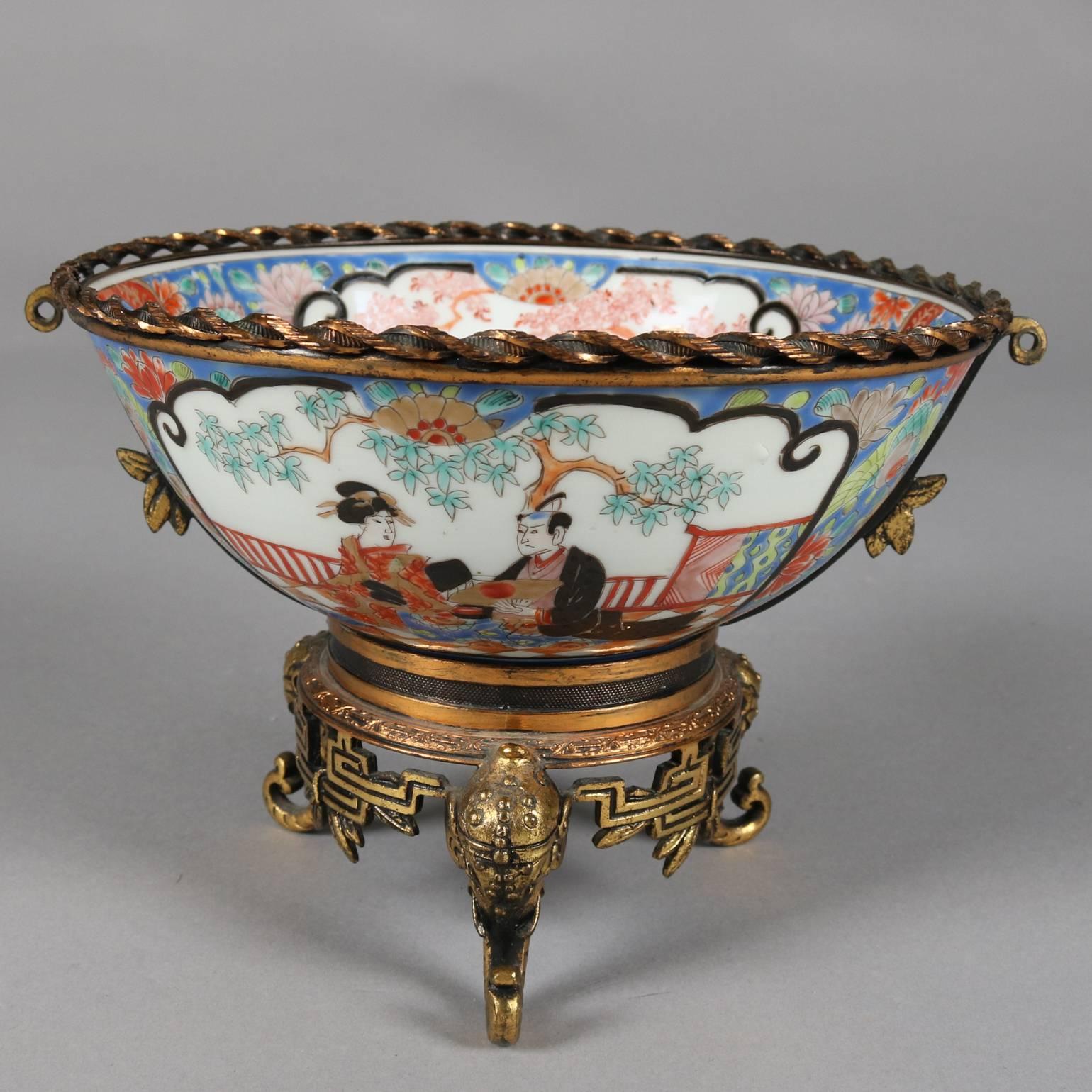 Japanese Imari Porcelain and Figural Bronzed Bowl with Elephants, circa 1880 In Good Condition In Big Flats, NY