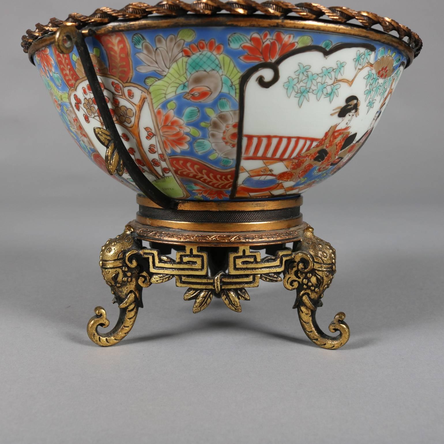 Metal Japanese Imari Porcelain and Figural Bronzed Bowl with Elephants, circa 1880