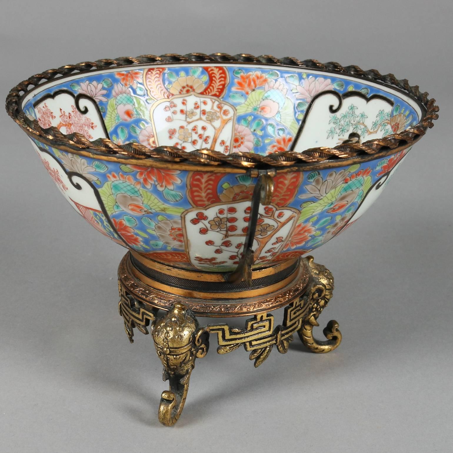 19th Century Japanese Imari Porcelain and Figural Bronzed Bowl with Elephants, circa 1880