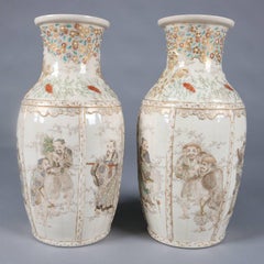 Pair of Antique and Fine Japanese Gilt Satsuma Meiji Pottery Vases, Wise Men