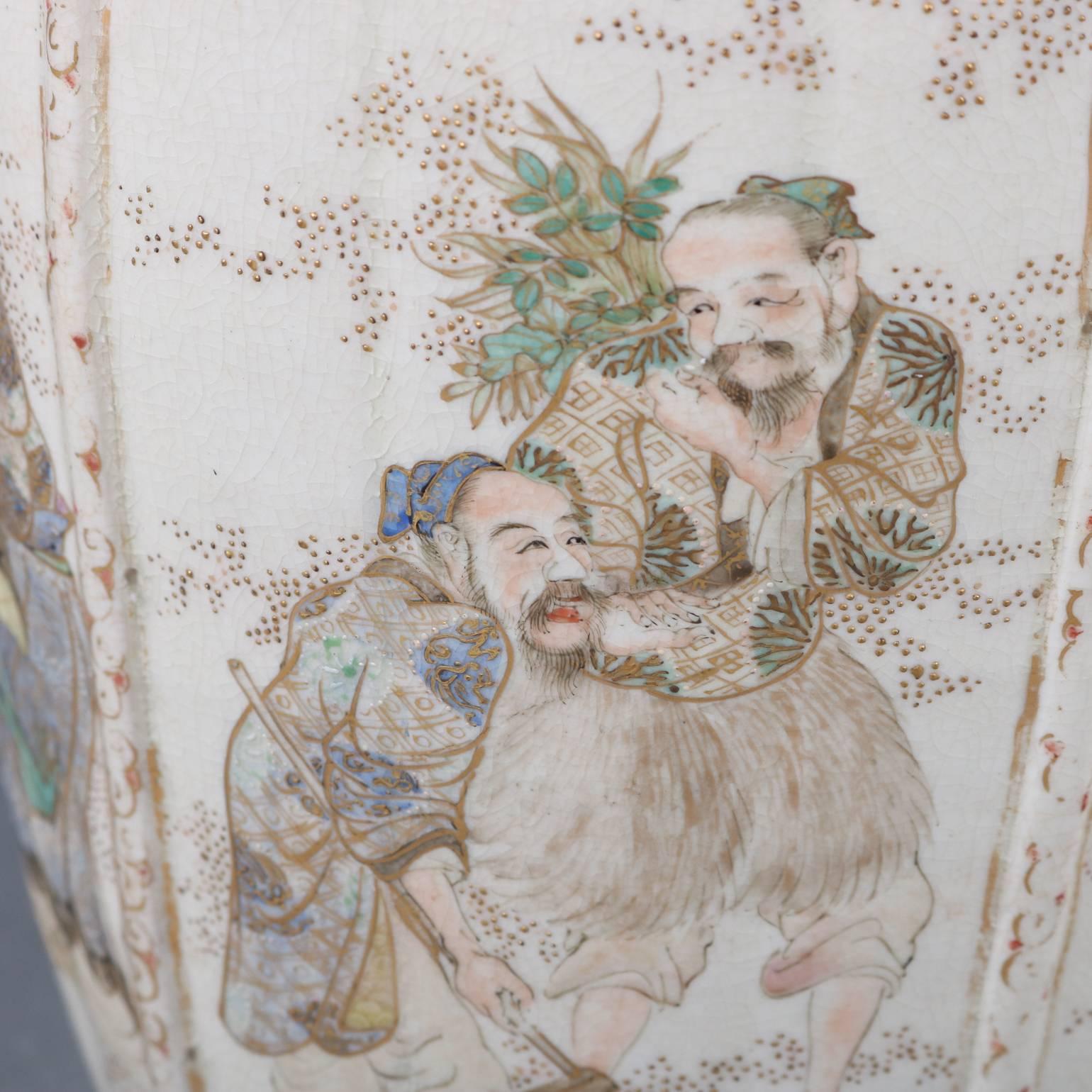 Pair of Antique and Fine Japanese Gilt Satsuma Meiji Pottery Vases, Wise Men 3