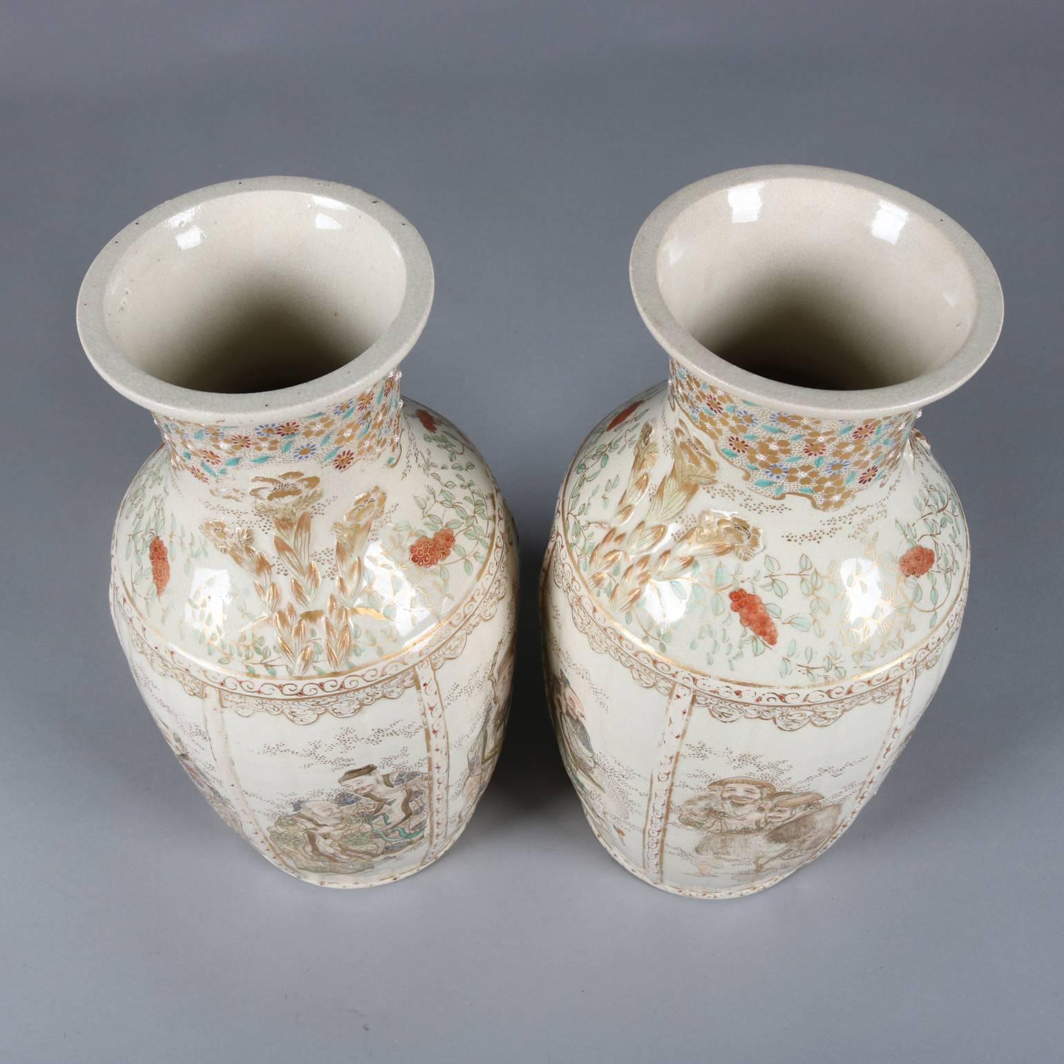 Pair of Antique and Fine Japanese Gilt Satsuma Meiji Pottery Vases, Wise Men In Good Condition In Big Flats, NY