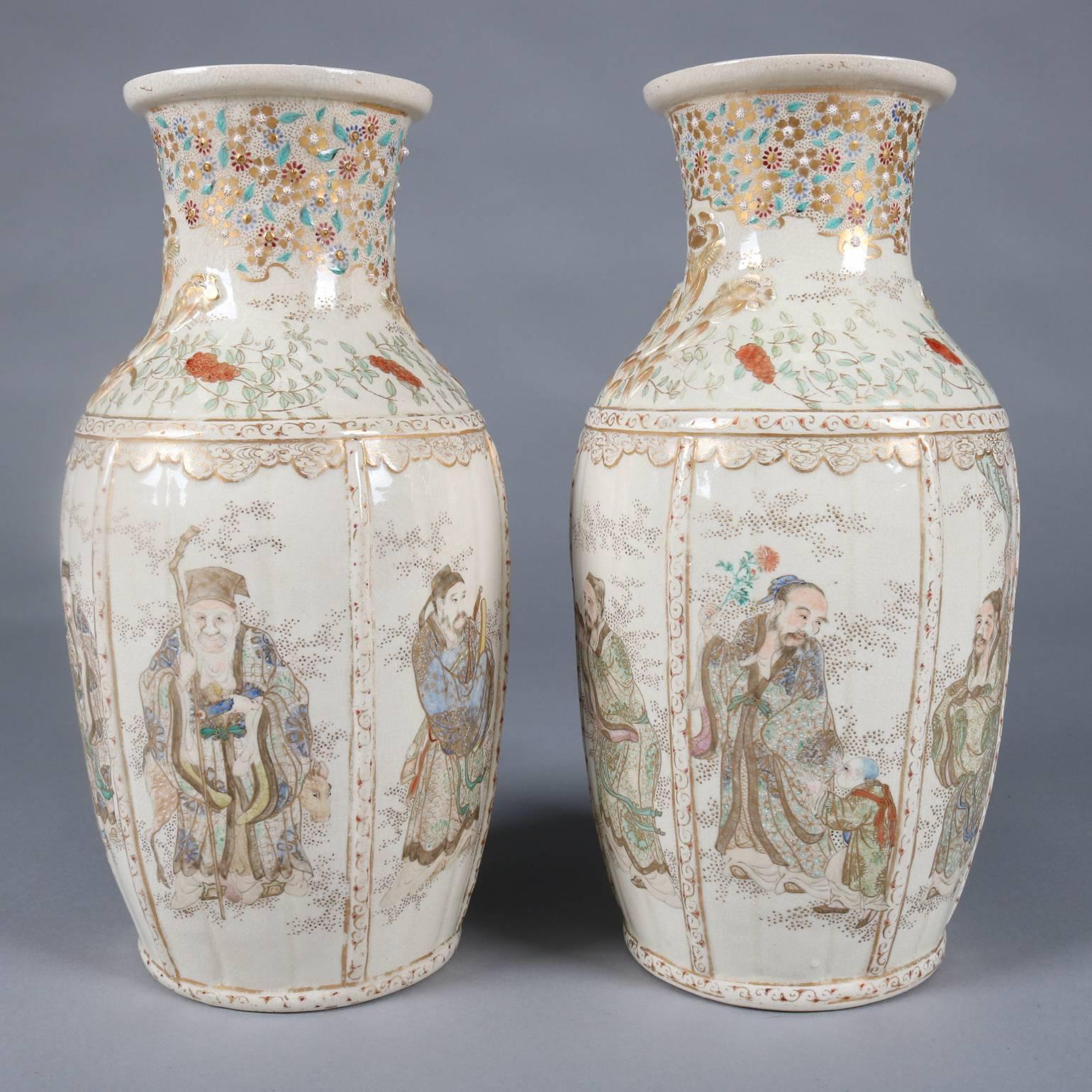 19th Century Pair of Antique and Fine Japanese Gilt Satsuma Meiji Pottery Vases, Wise Men
