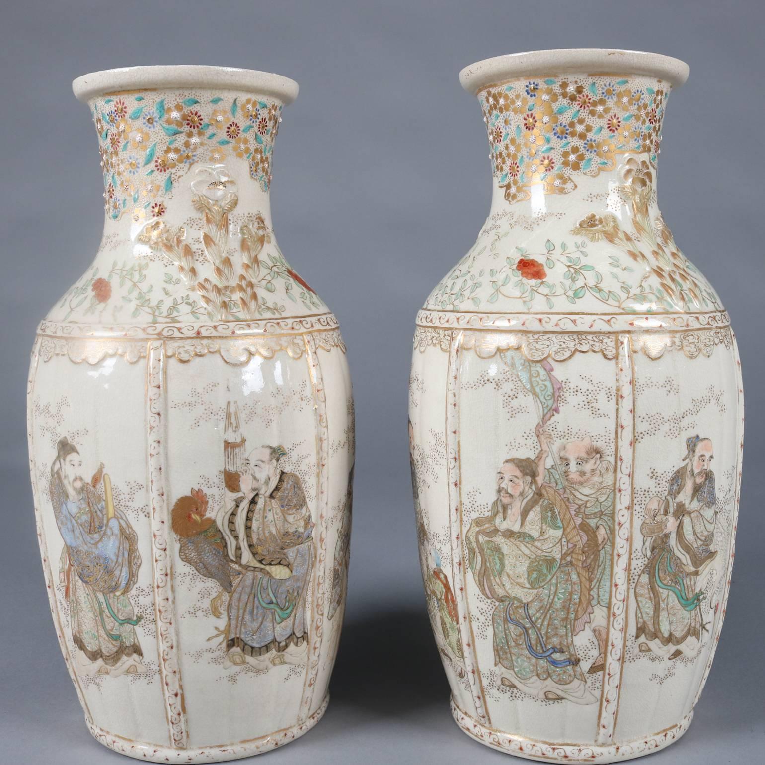 Pair of Antique and Fine Japanese Gilt Satsuma Meiji Pottery Vases, Wise Men 1