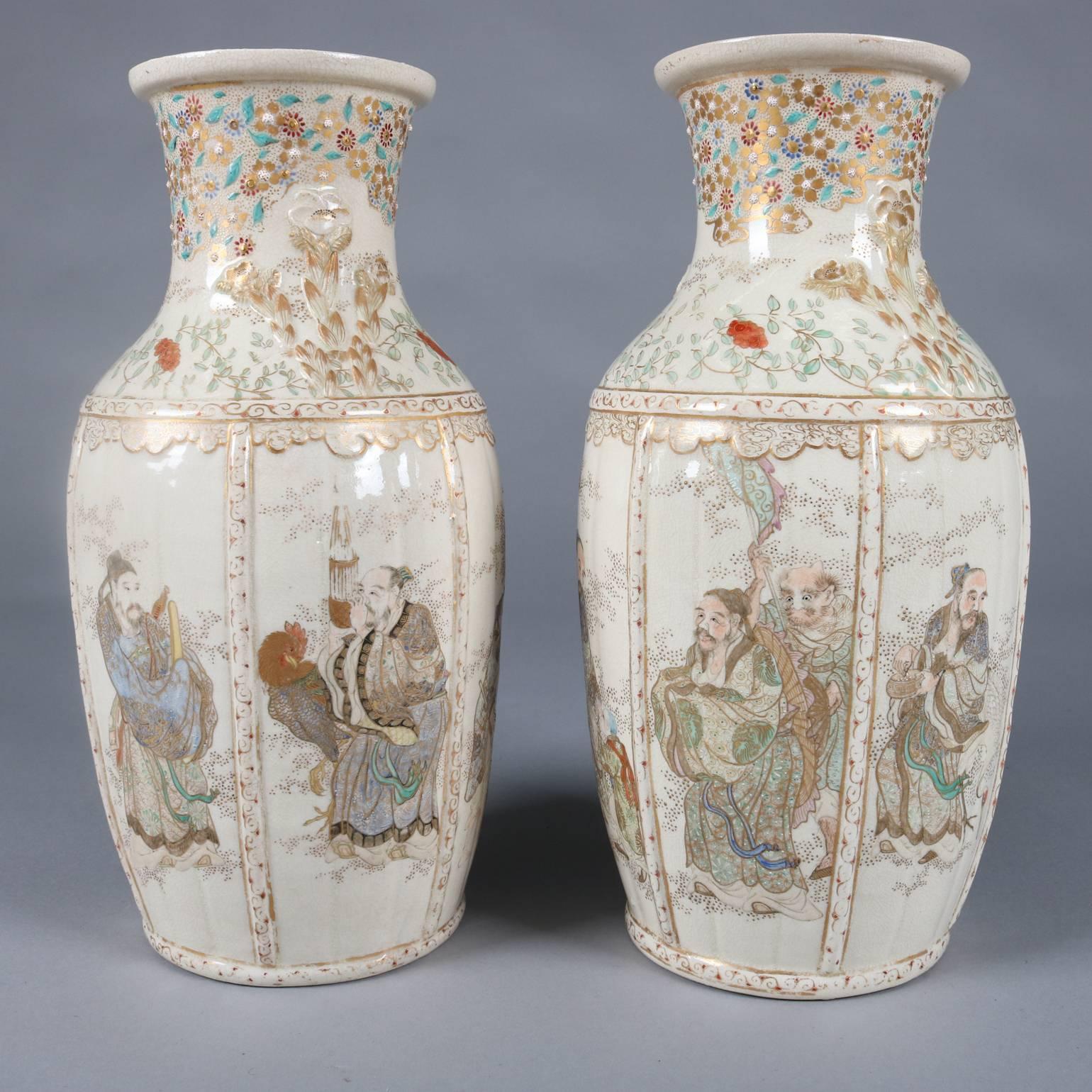 Pair of Antique and Fine Japanese Gilt Satsuma Meiji Pottery Vases, Wise Men 2