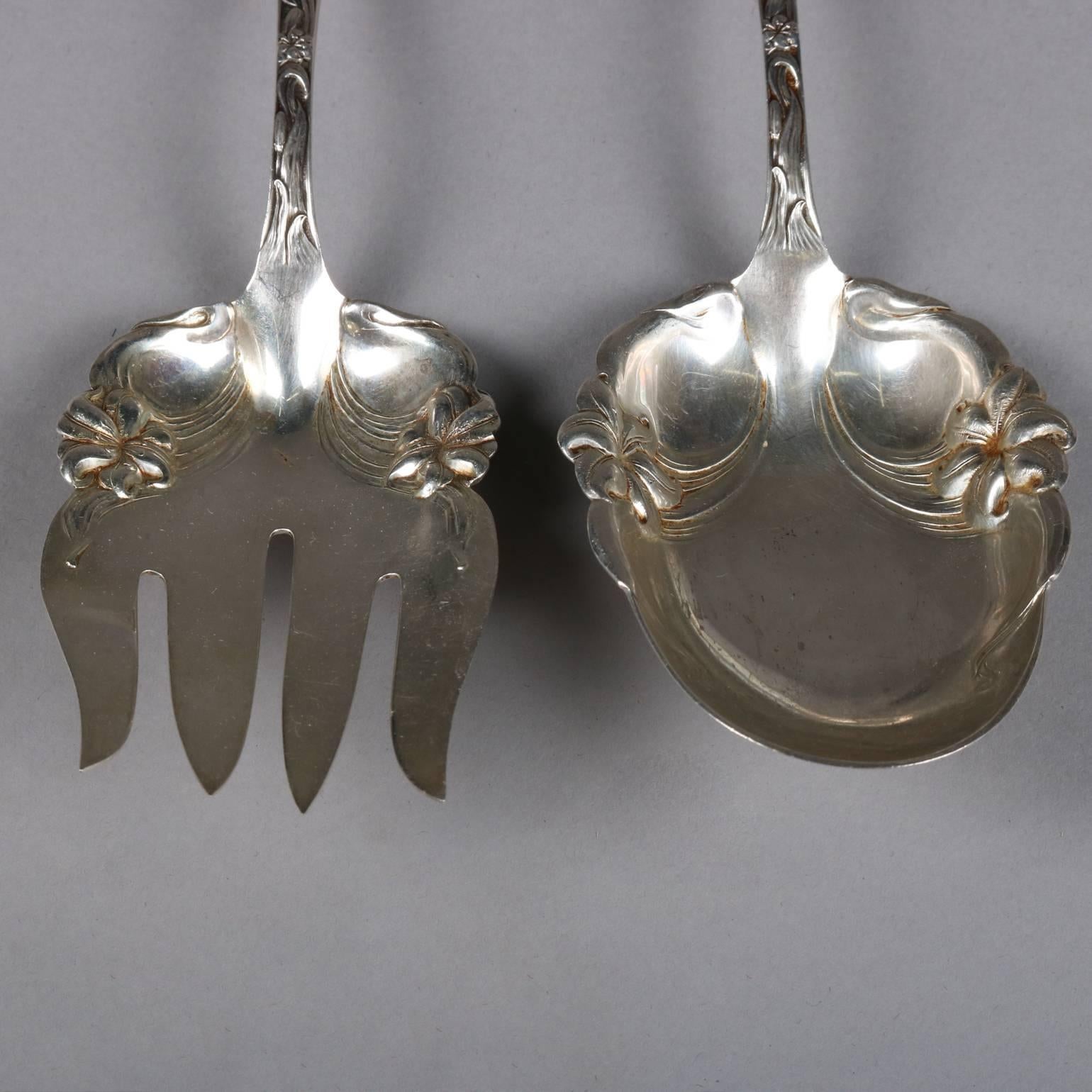 Pair of Antique Sterling Silver Serving Set, Fork & Spoon, by Frank Whiting In Good Condition In Big Flats, NY