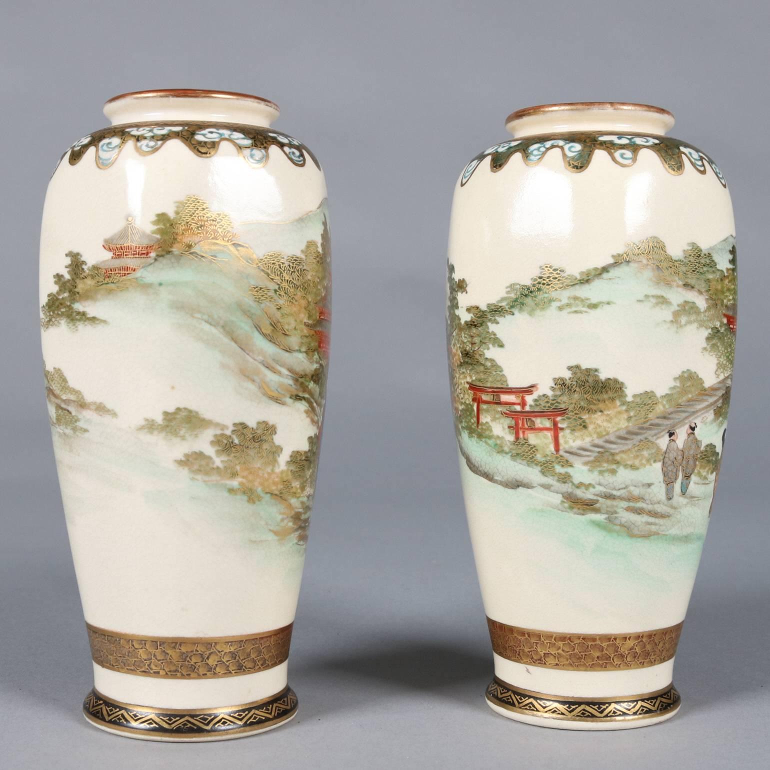 Pair of Antique Japanese Gilt and Hand-Painted Satsuma Cabinet Vases, circa 1900 In Good Condition In Big Flats, NY