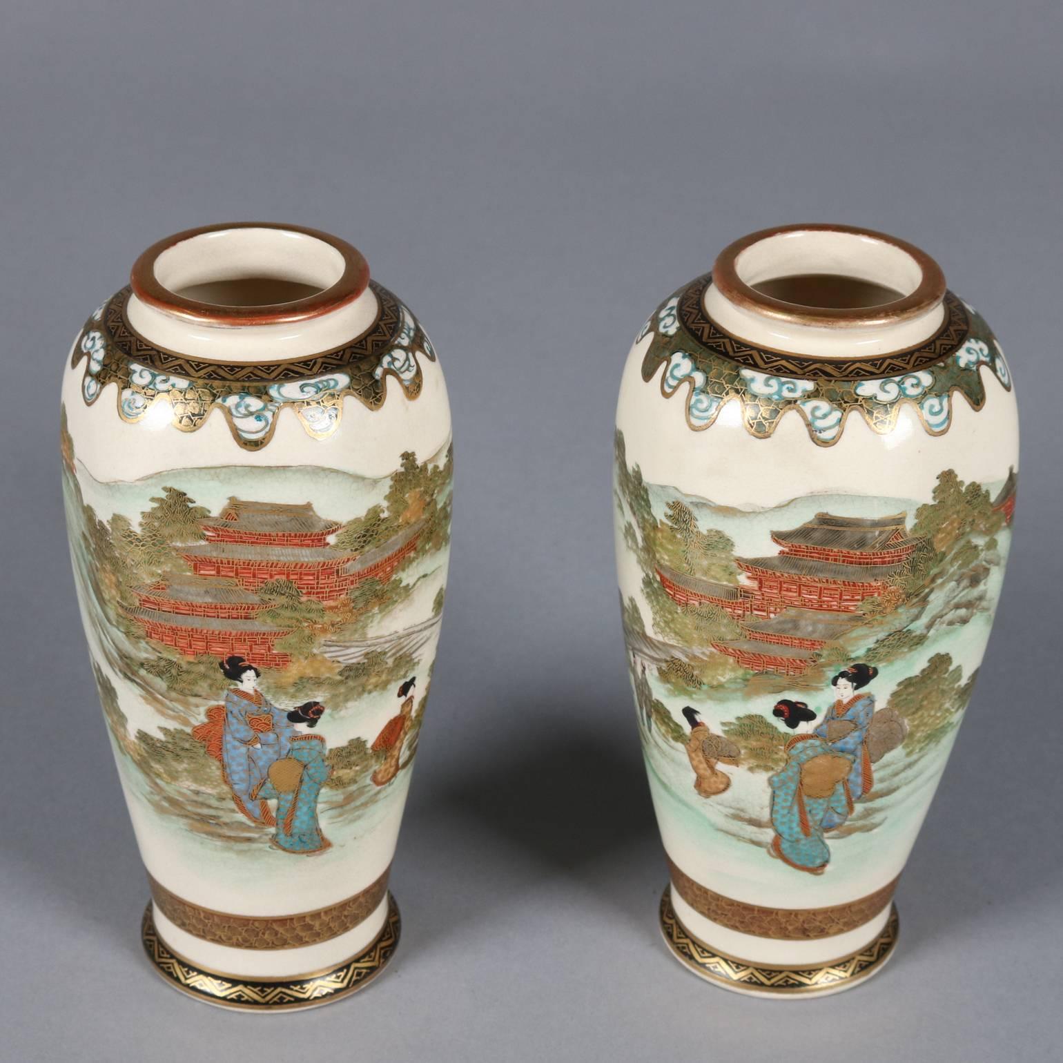 Pottery Pair of Antique Japanese Gilt and Hand-Painted Satsuma Cabinet Vases, circa 1900