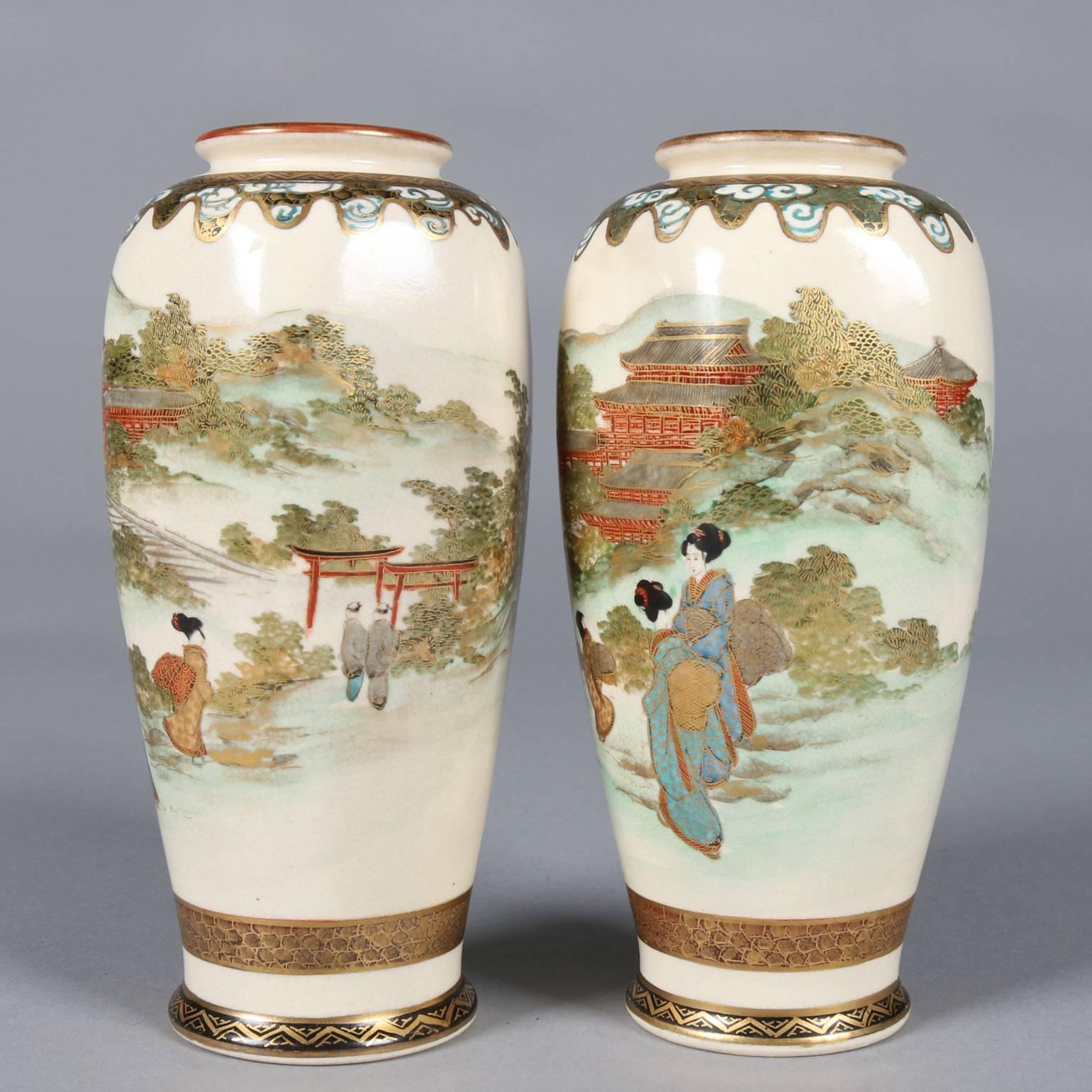 Pair of Antique Japanese Gilt and Hand-Painted Satsuma Cabinet Vases, circa 1900 1