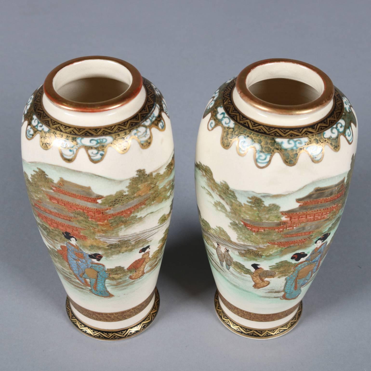 Pair of Antique Japanese Gilt and Hand-Painted Satsuma Cabinet Vases, circa 1900 2