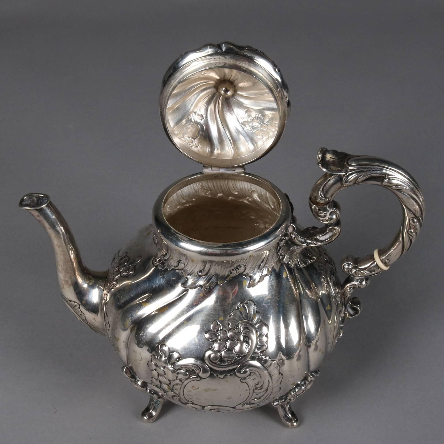 Antique .800 Silver Footed Teapot, Gadroon and Foliate Decorated, 19th Century In Good Condition In Big Flats, NY
