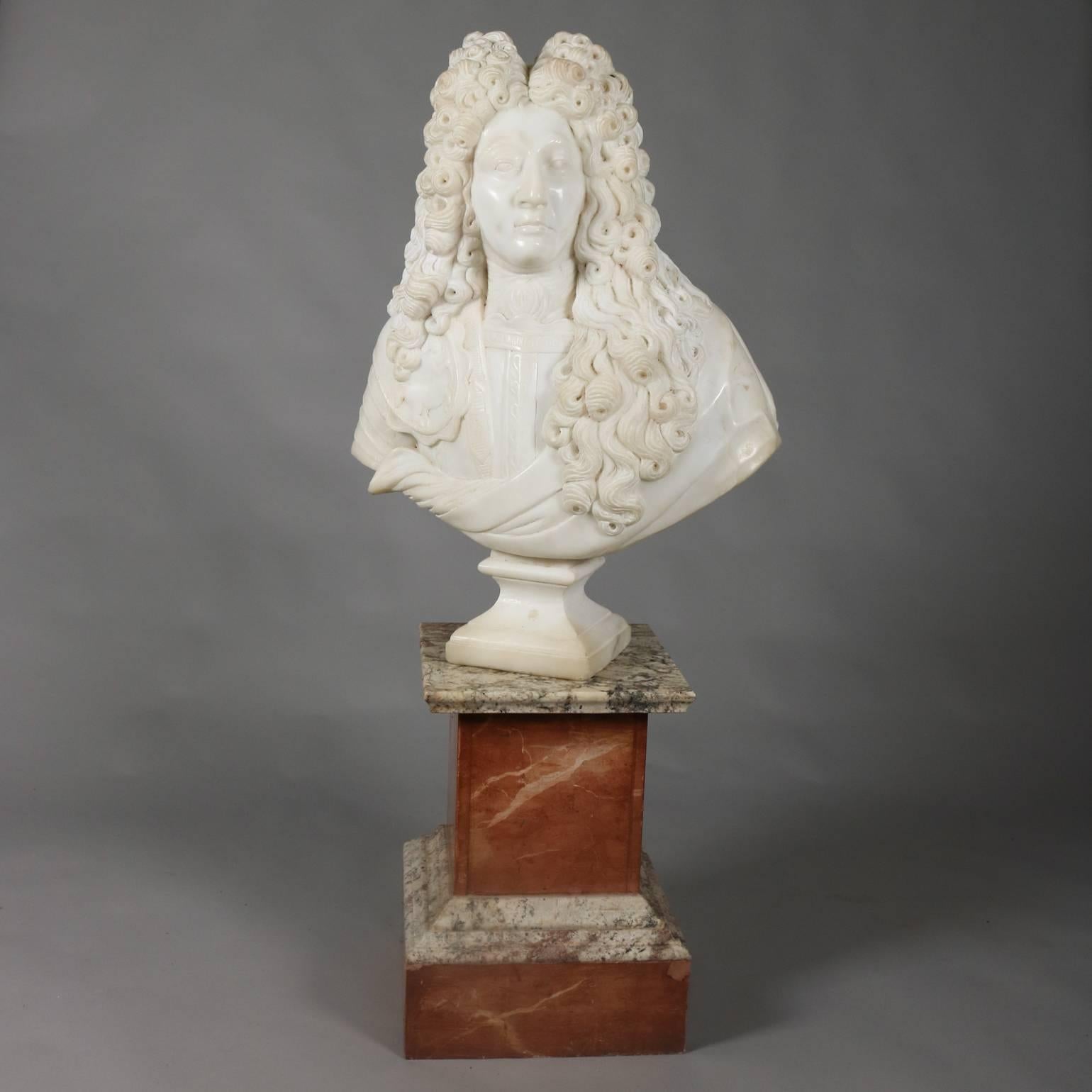 Vintage and large carved alabaster 3/4 bust sculpture of the sun king, Louis XIV, seated on marble pedestal, 20th century.

Measures: 55" H x 24" W x 14" D, overall; 35" H bust.