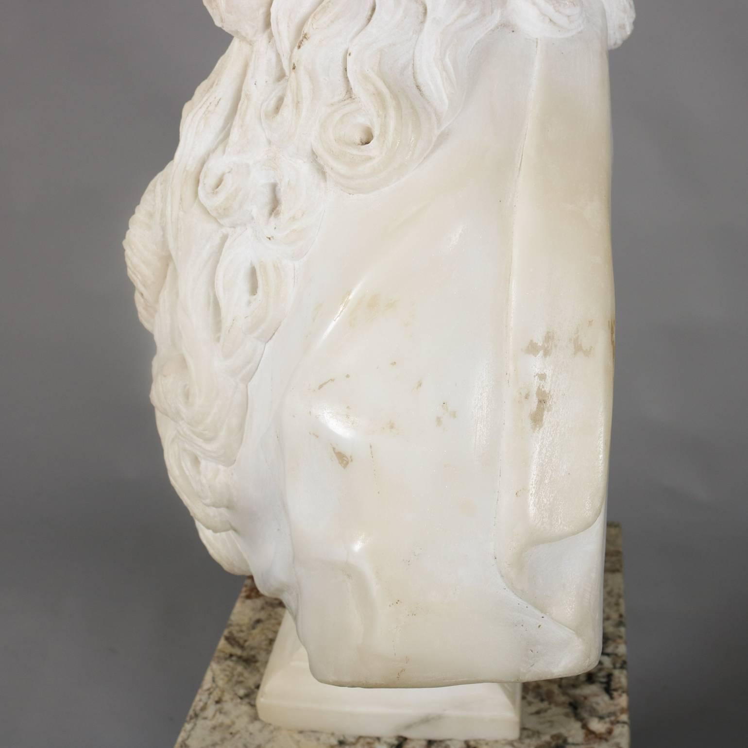 Oversized the Sun King Louis XIV 3/4 Bust Carved Alabaster on Marble Base 1
