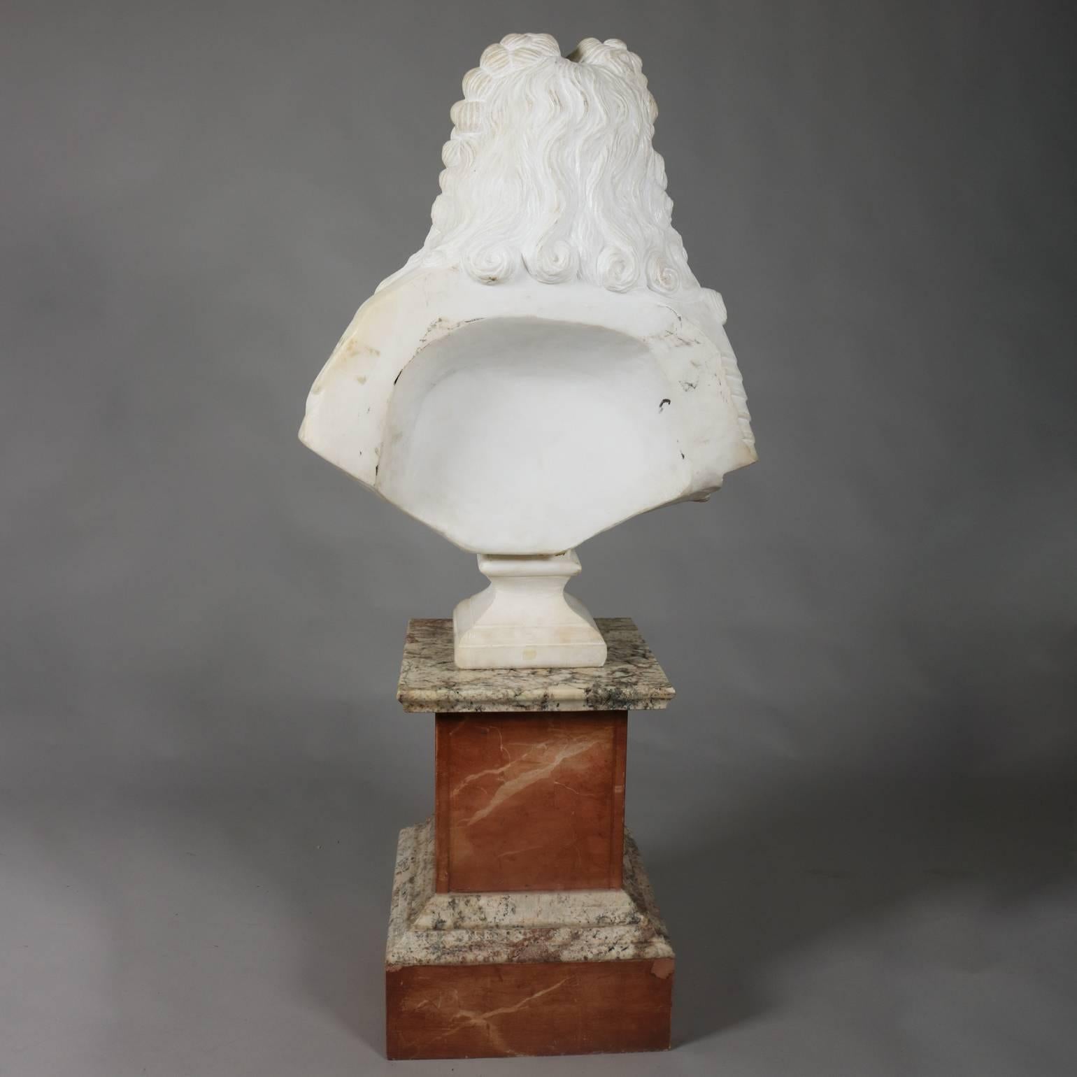 Hand-Carved Oversized the Sun King Louis XIV 3/4 Bust Carved Alabaster on Marble Base