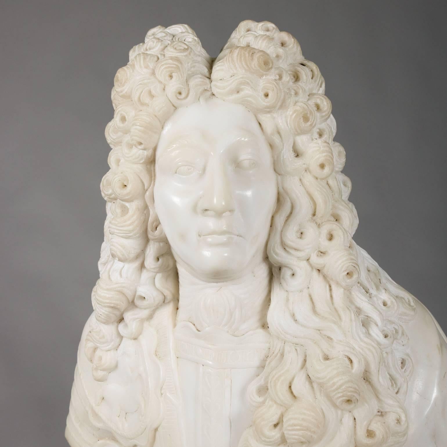 20th Century Oversized the Sun King Louis XIV 3/4 Bust Carved Alabaster on Marble Base