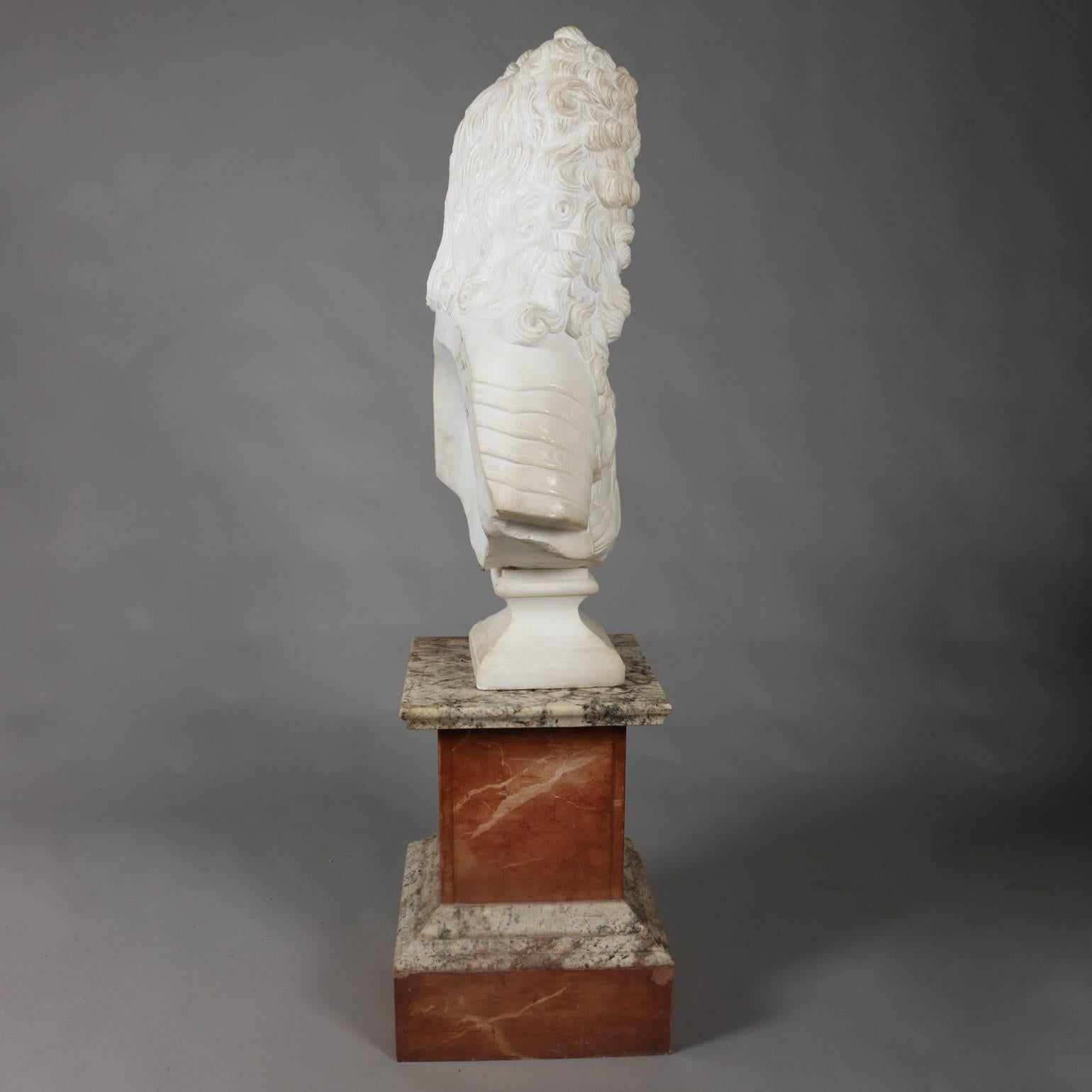 Oversized the Sun King Louis XIV 3/4 Bust Carved Alabaster on Marble Base In Good Condition In Big Flats, NY