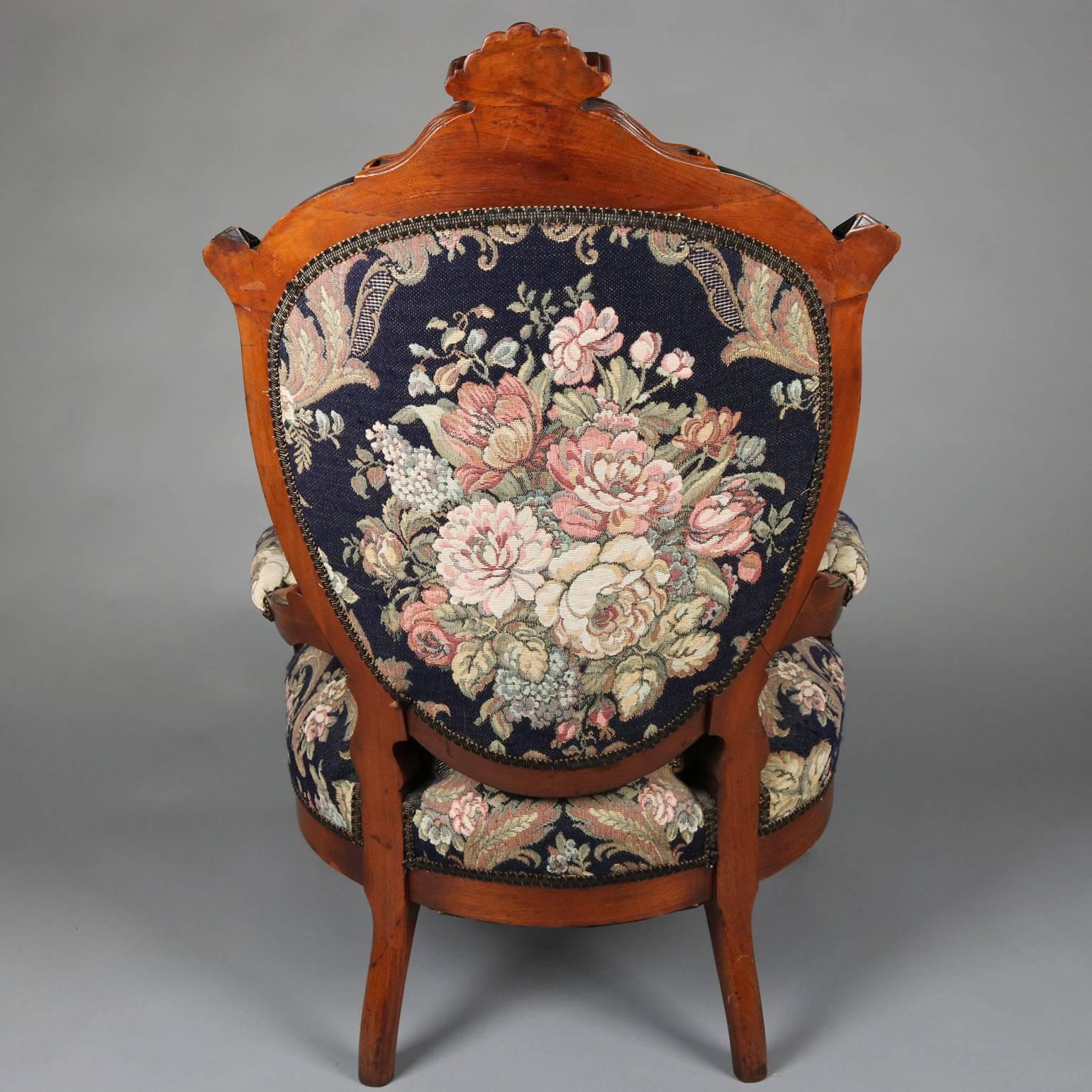 American Renaissance Revival Carved Ebonized Mahogany Parlor Settee & Chair, circa 1860